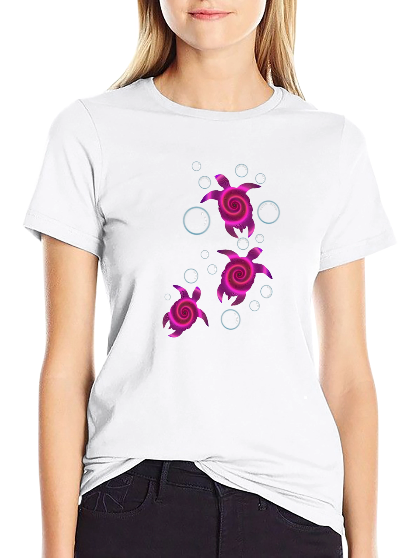 Camiseta Negra con Diseño de Tortugas Rosadas