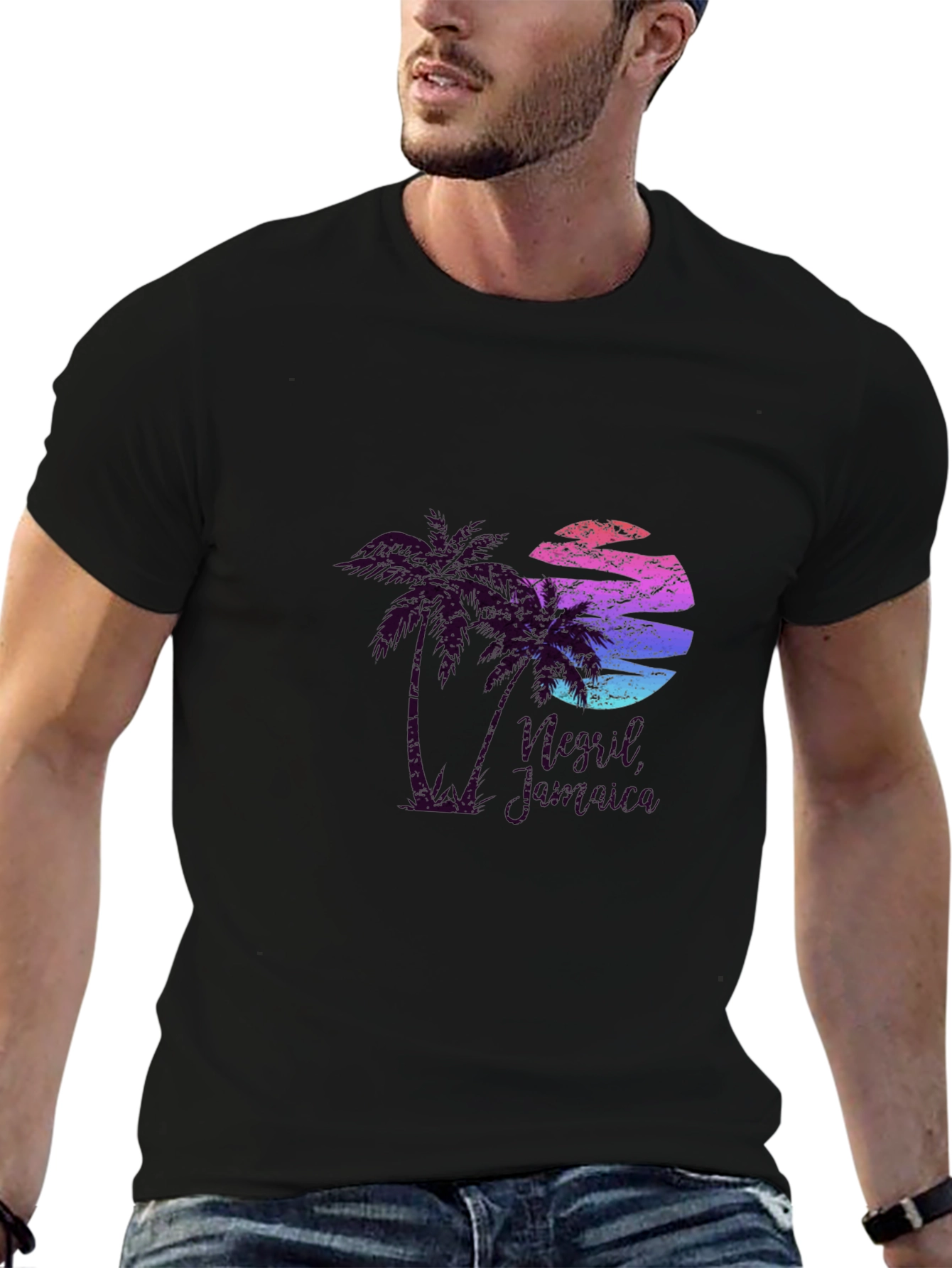 Camiseta Negra con Diseño Tropical Retro