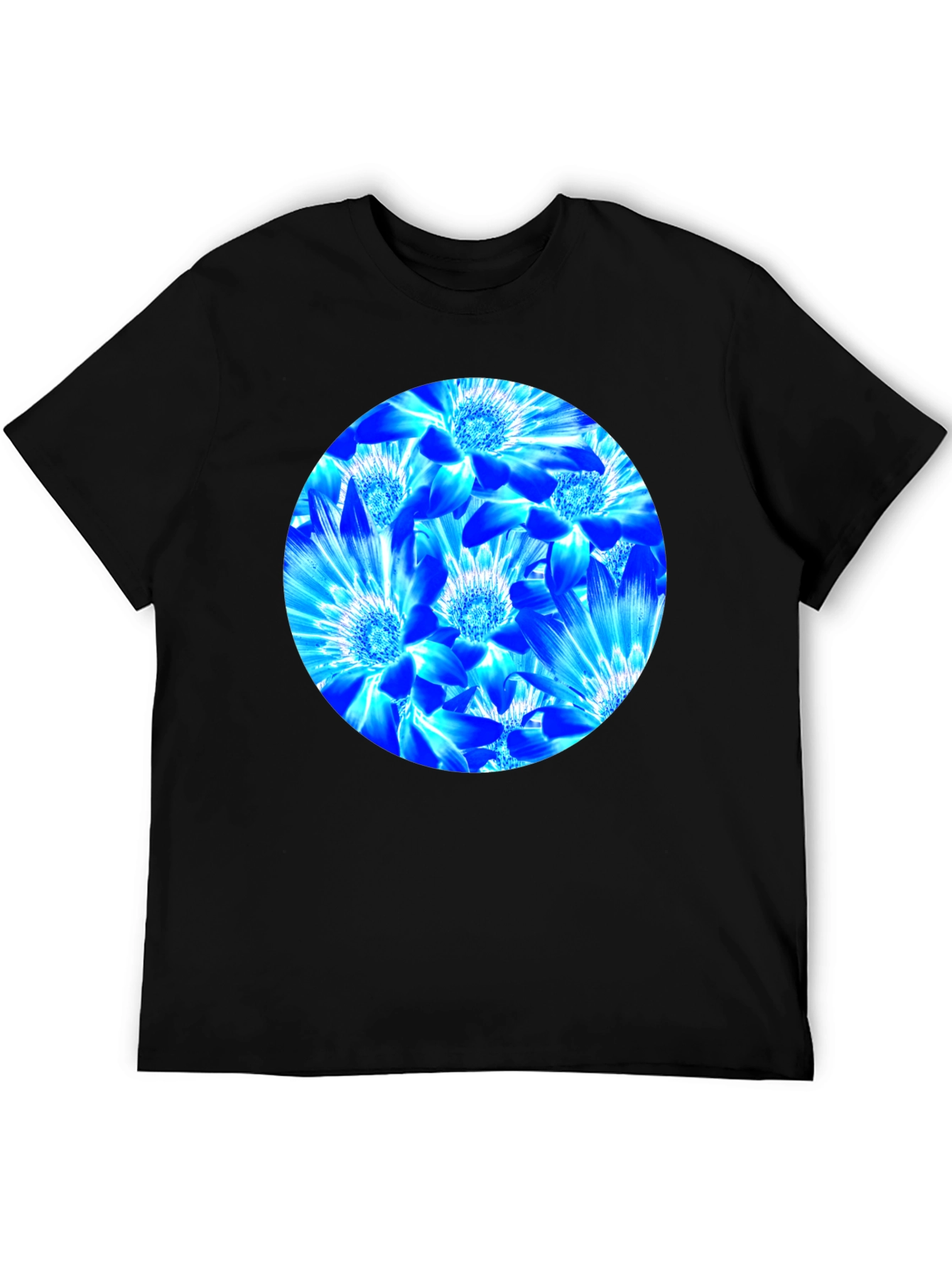 Camiseta Negra con Diseño Floral Azul