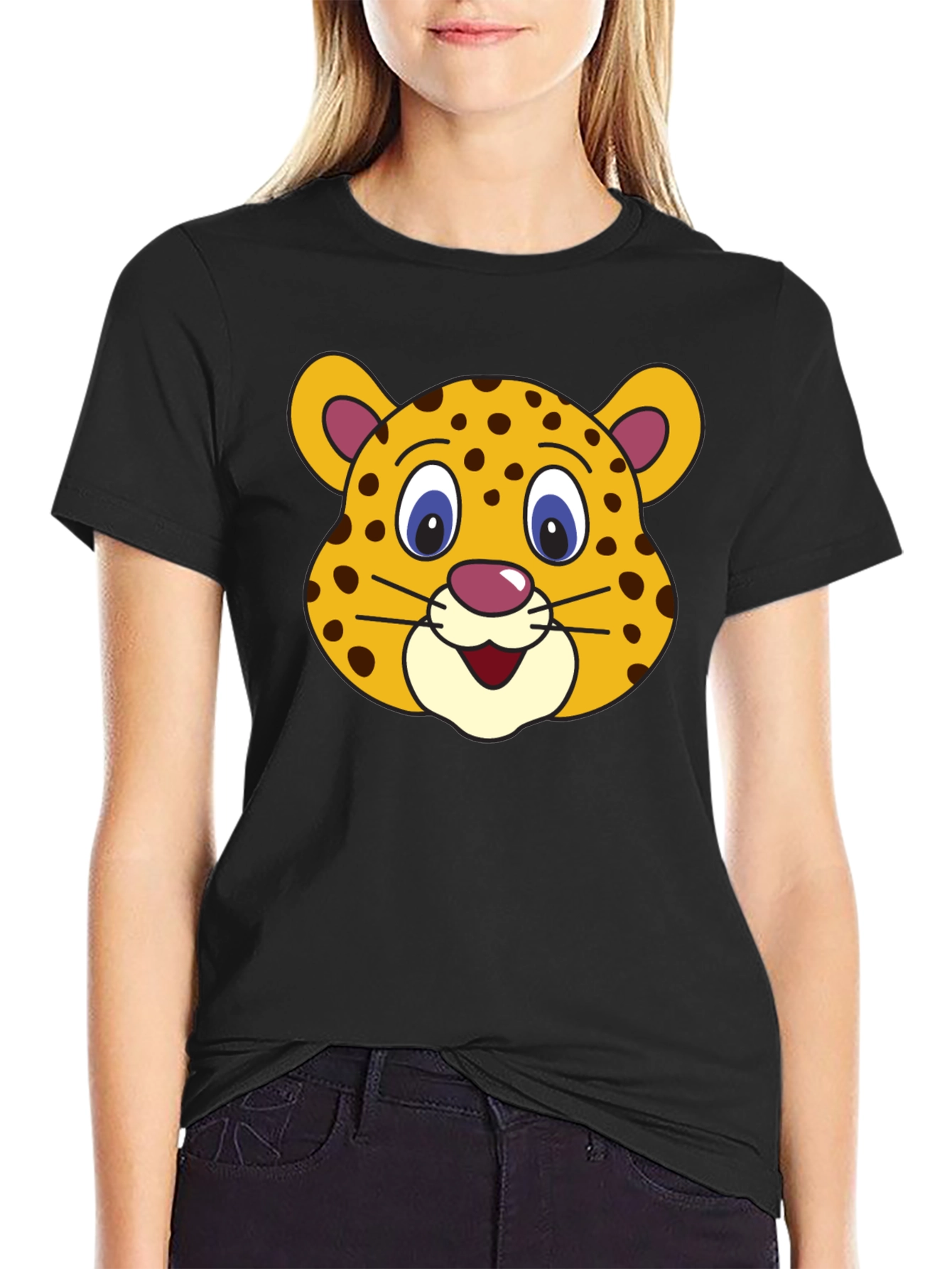 Camiseta Negra con Estampado de Leopardo Animado