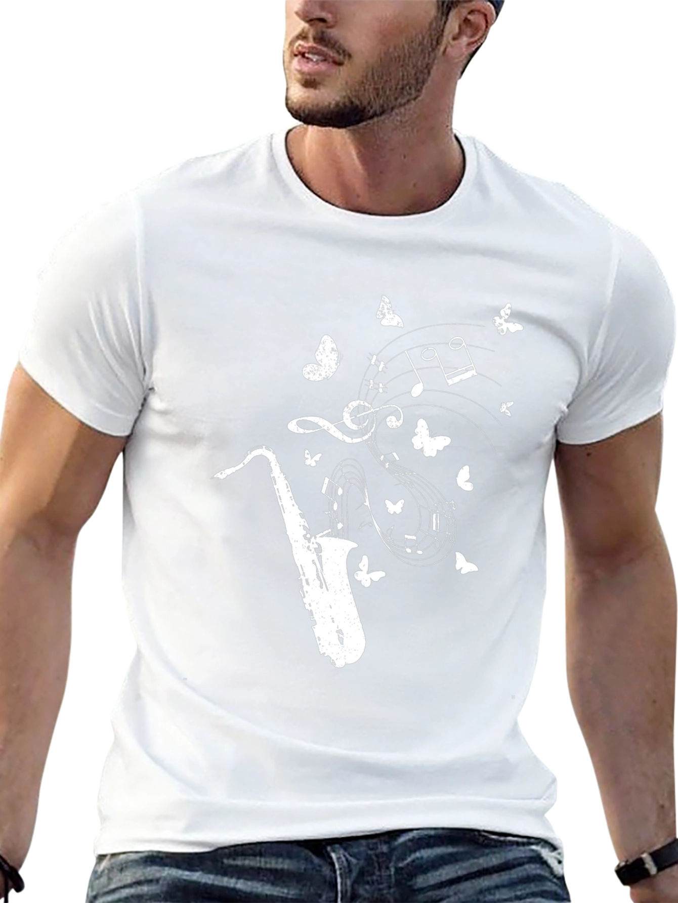 Camiseta Negra Saxofón Notas Musicales Mariposas Hombre