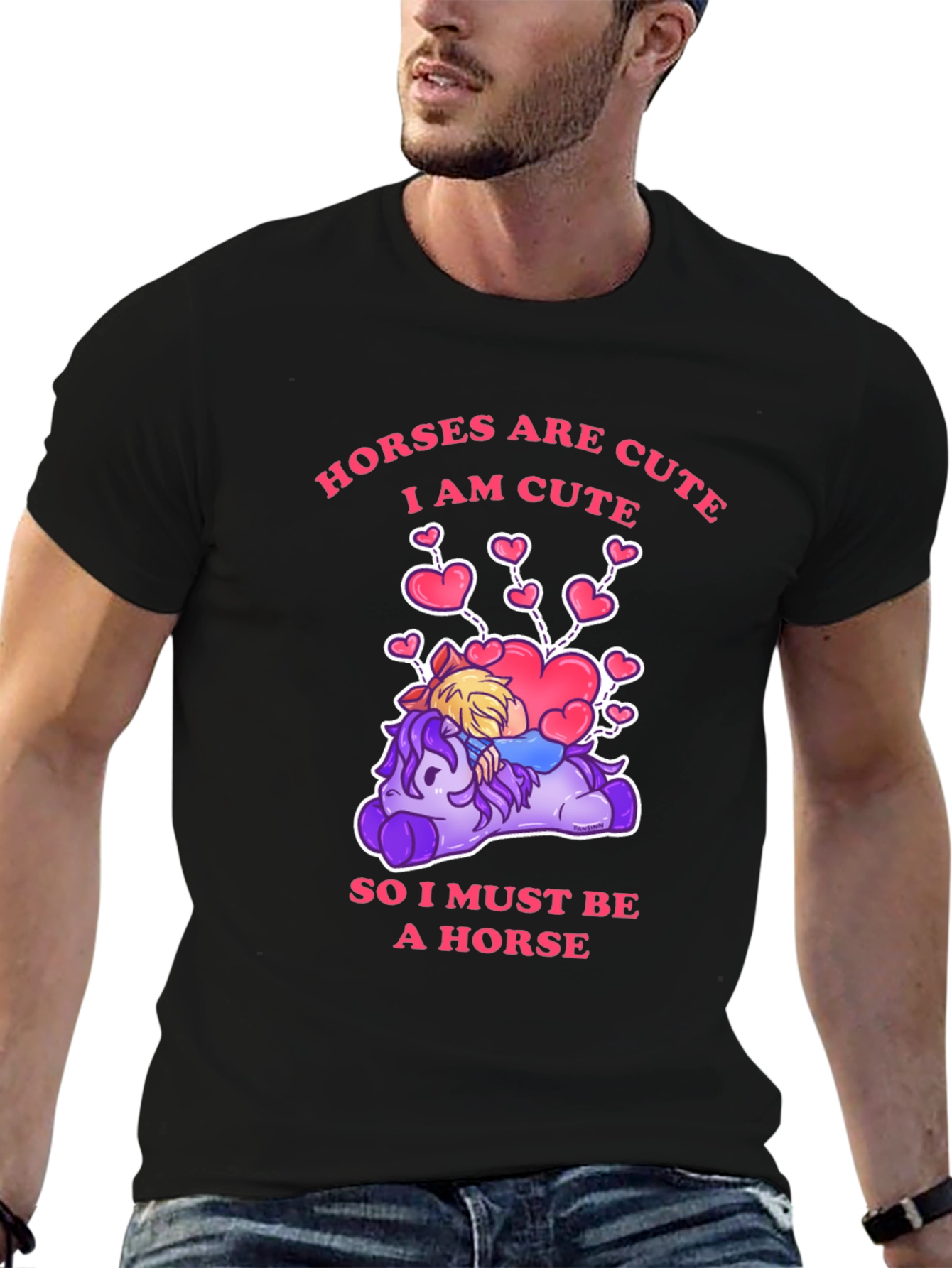 Camiseta Negra con Diseño Gracioso de Caballos