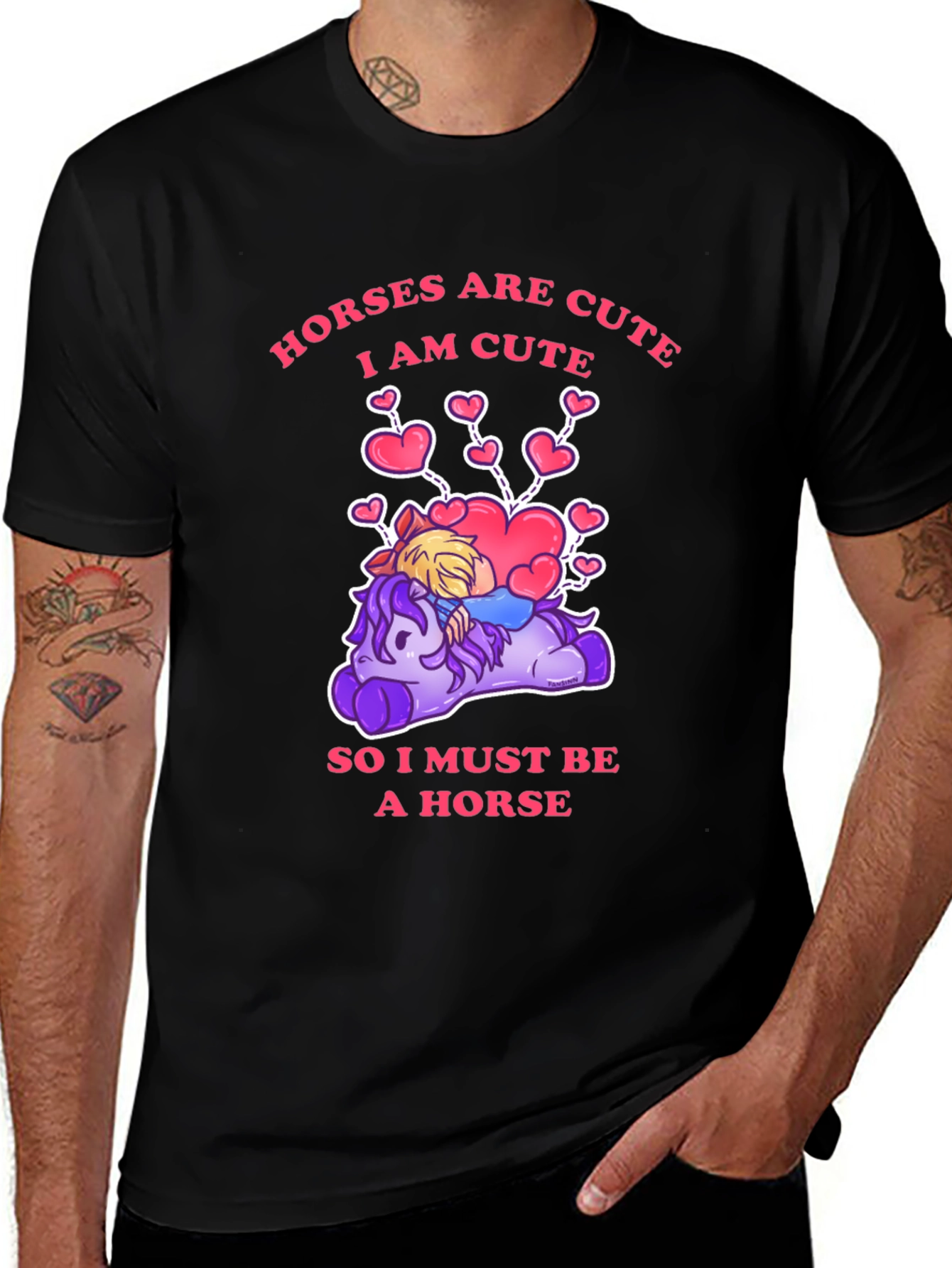 Camiseta Negra con Diseño Gracioso de Caballos