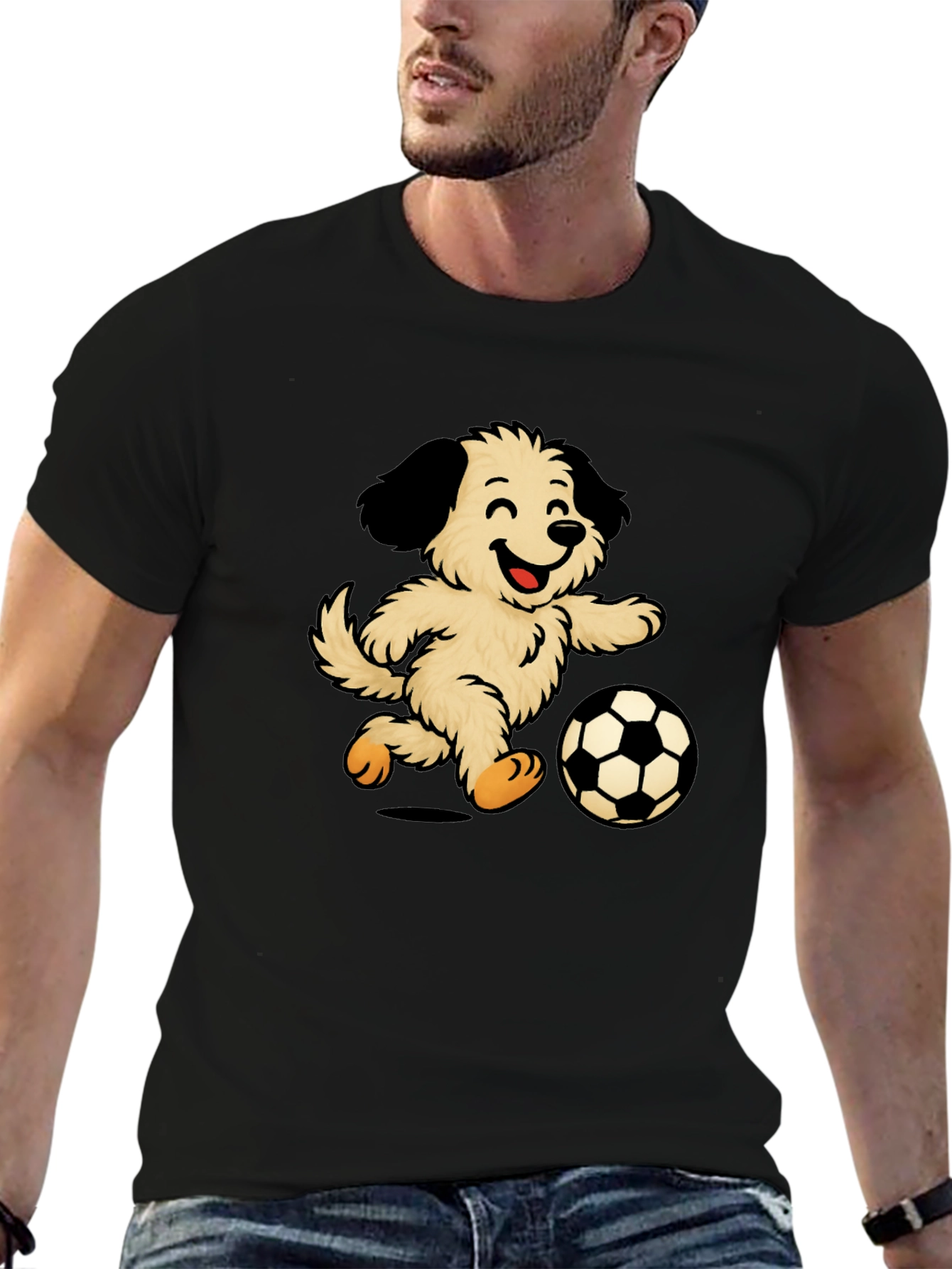 Camiseta Negra con Diseño de Perro Jugando Fútbol