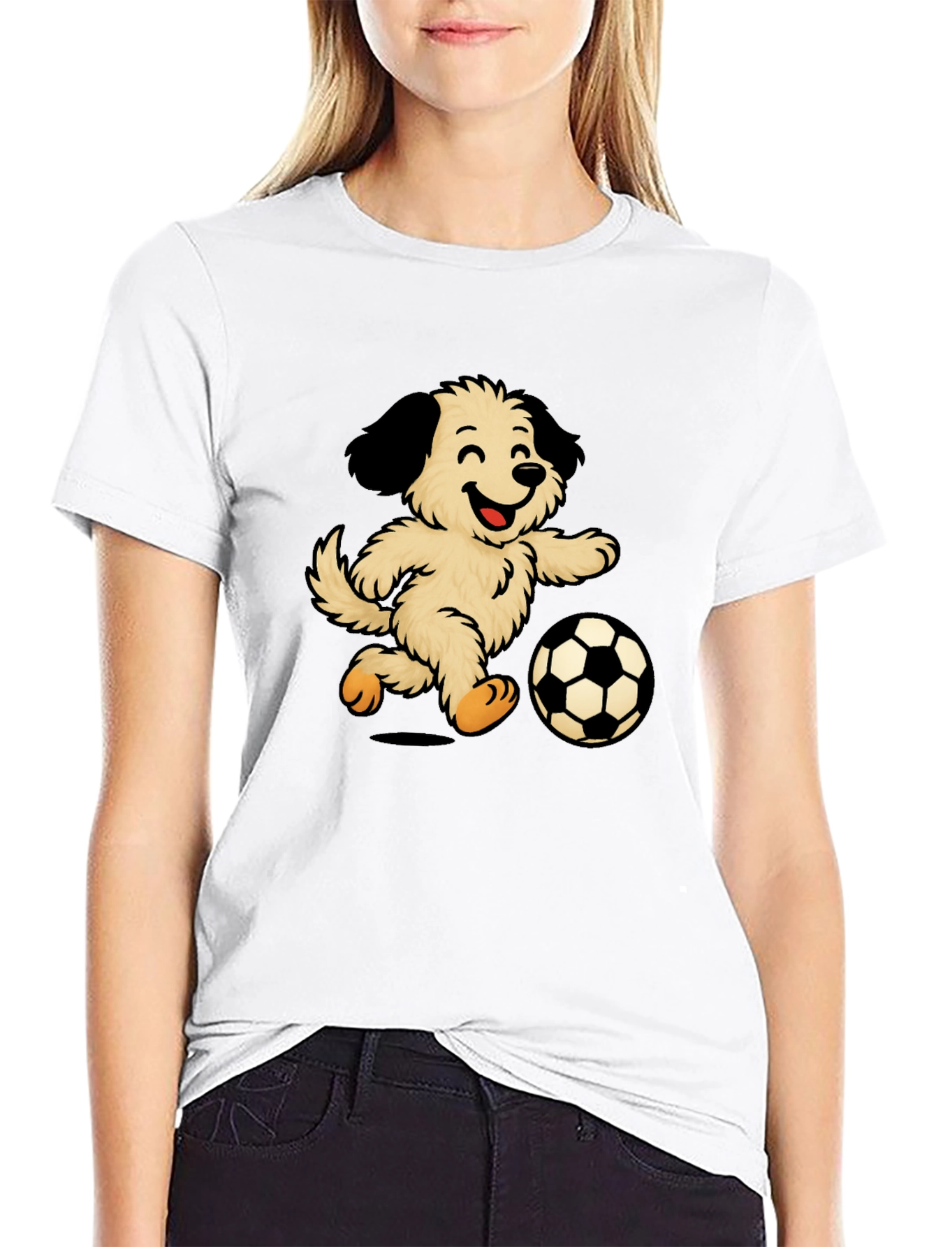 Camiseta Negra con Diseño de Perro Jugando Fútbol