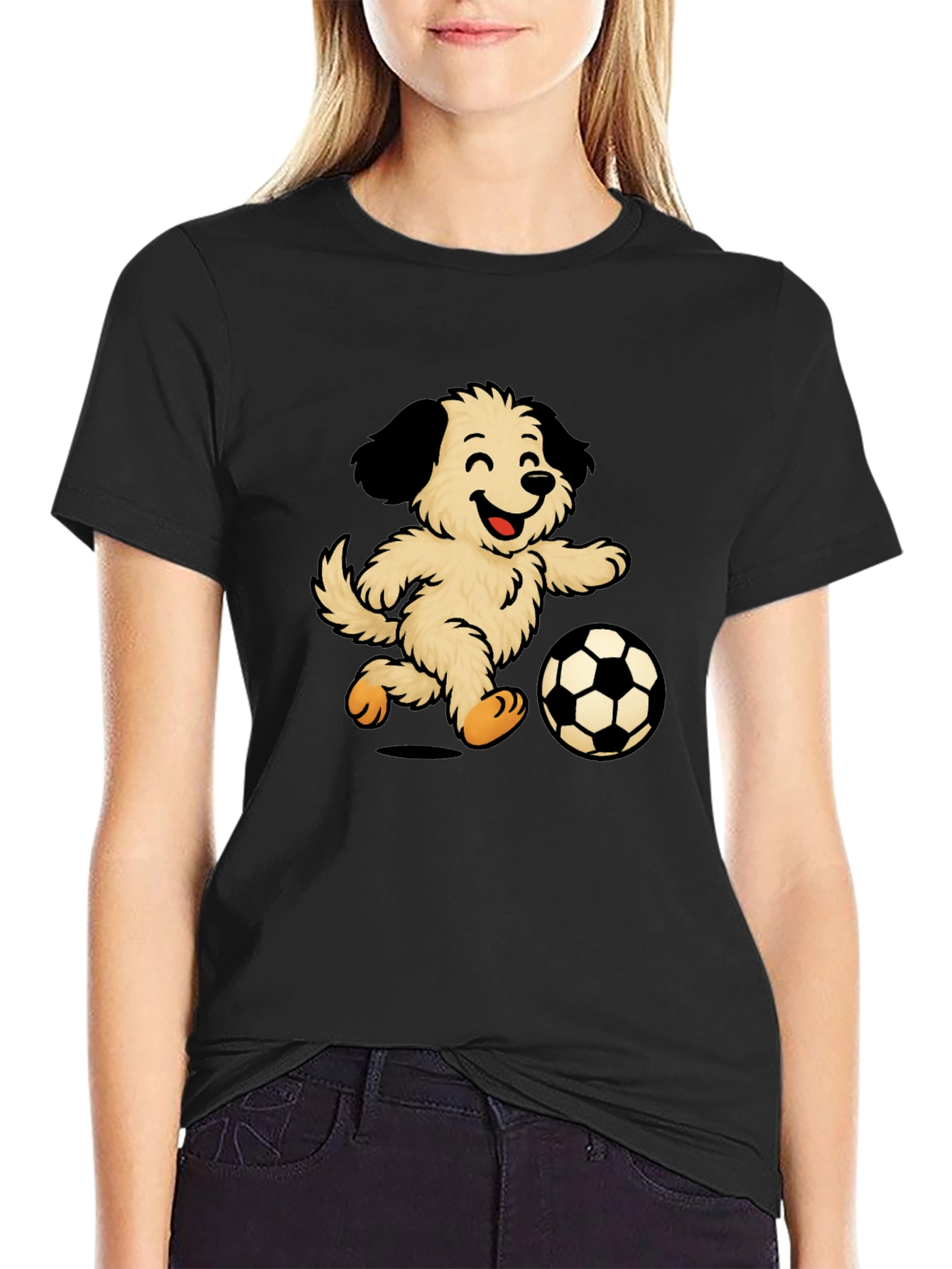 Camiseta Negra con Diseño de Perro Jugando Fútbol