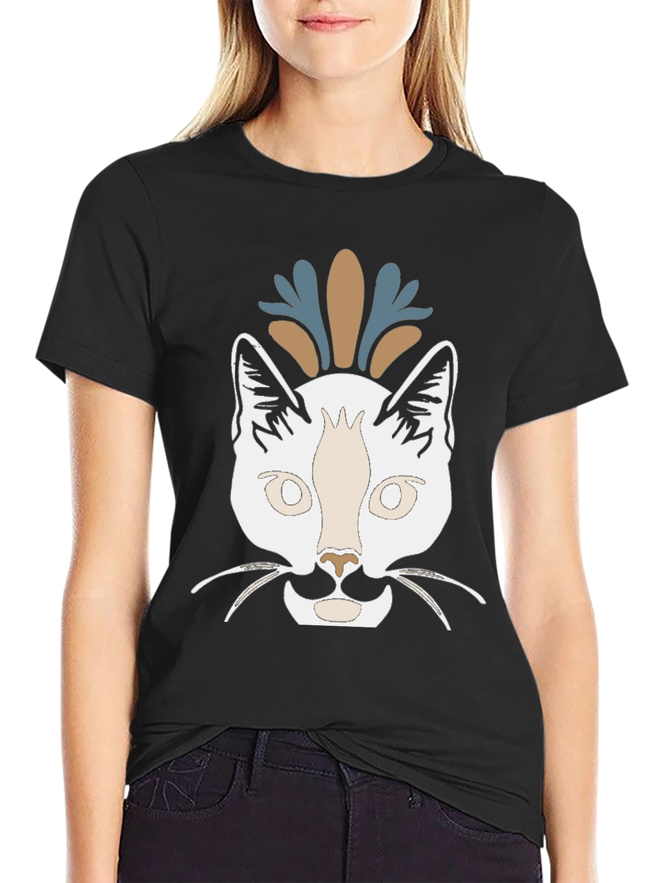 Camiseta Negra con Diseño de Gato Abstracto