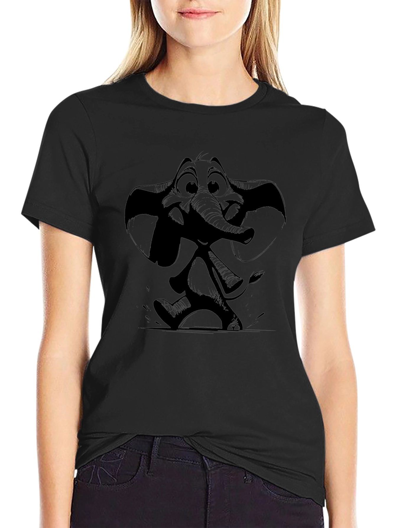 Camiseta Negra con Estampado de Elefante Animado