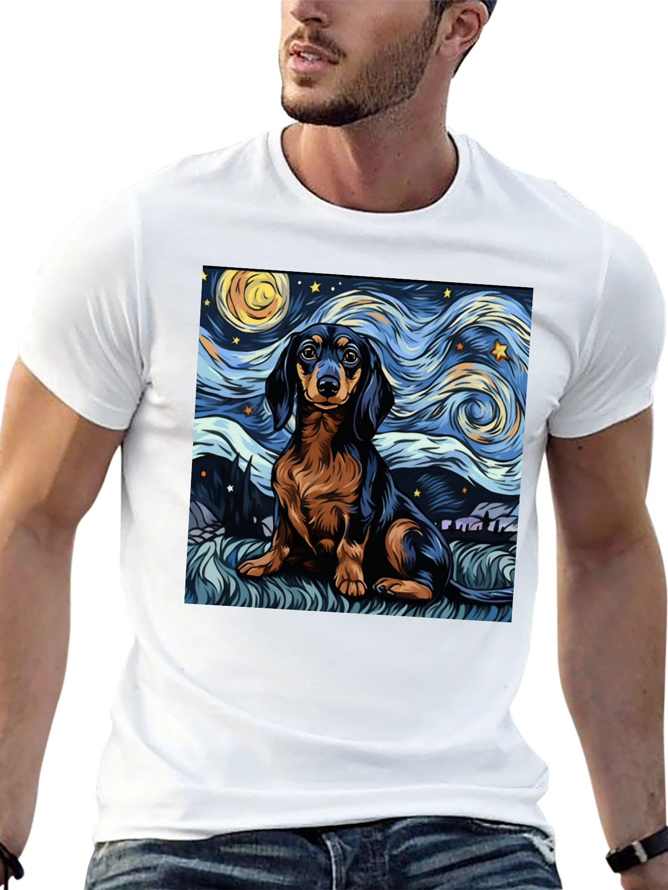 Camiseta Negra Dachshund Noche Estrellada