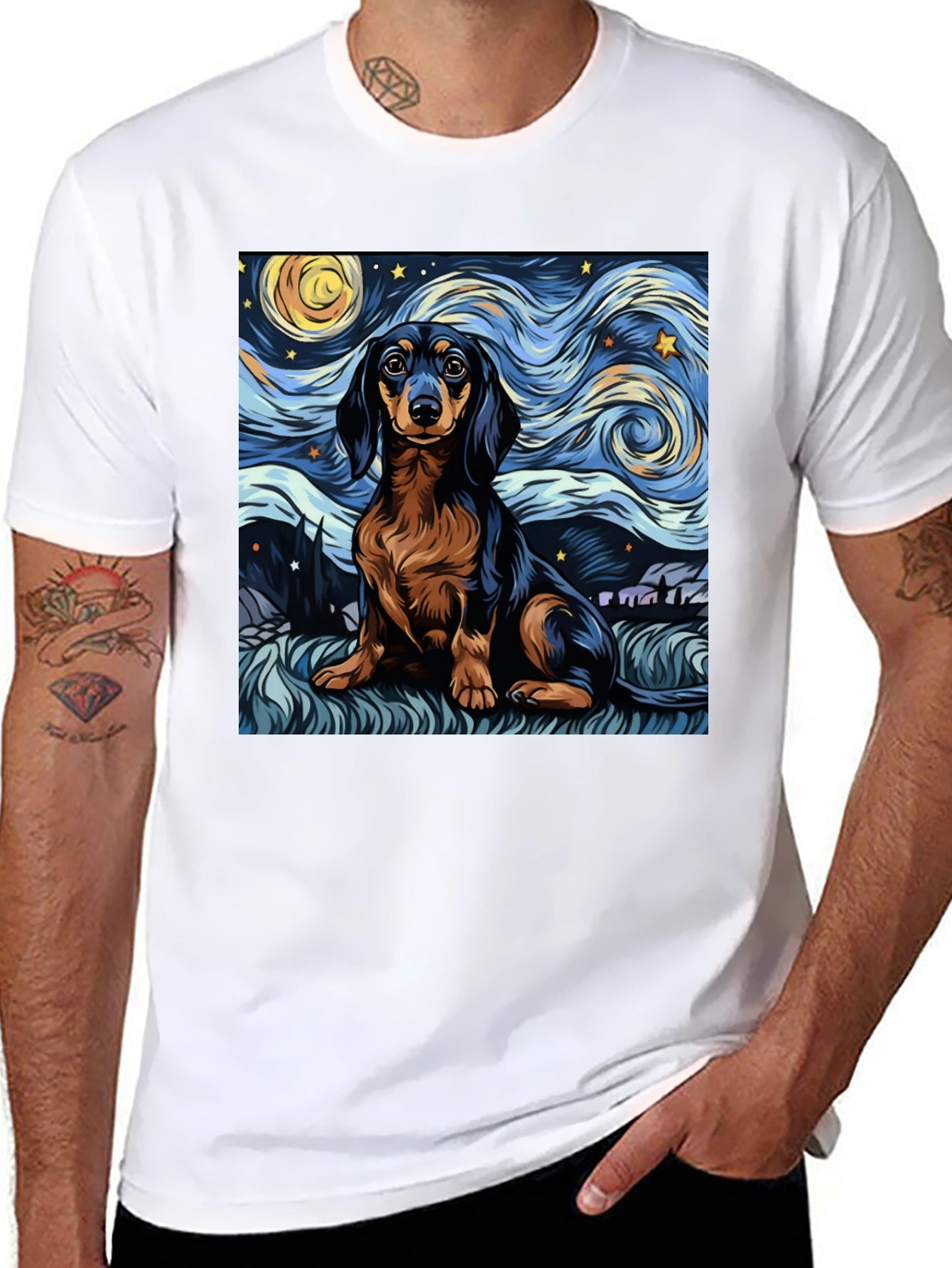 Camiseta Negra Dachshund Noche Estrellada
