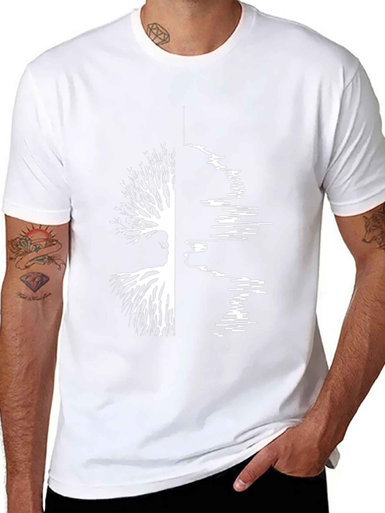 Camiseta Negra Hombre Diseño Árbol y Ondas Sonido