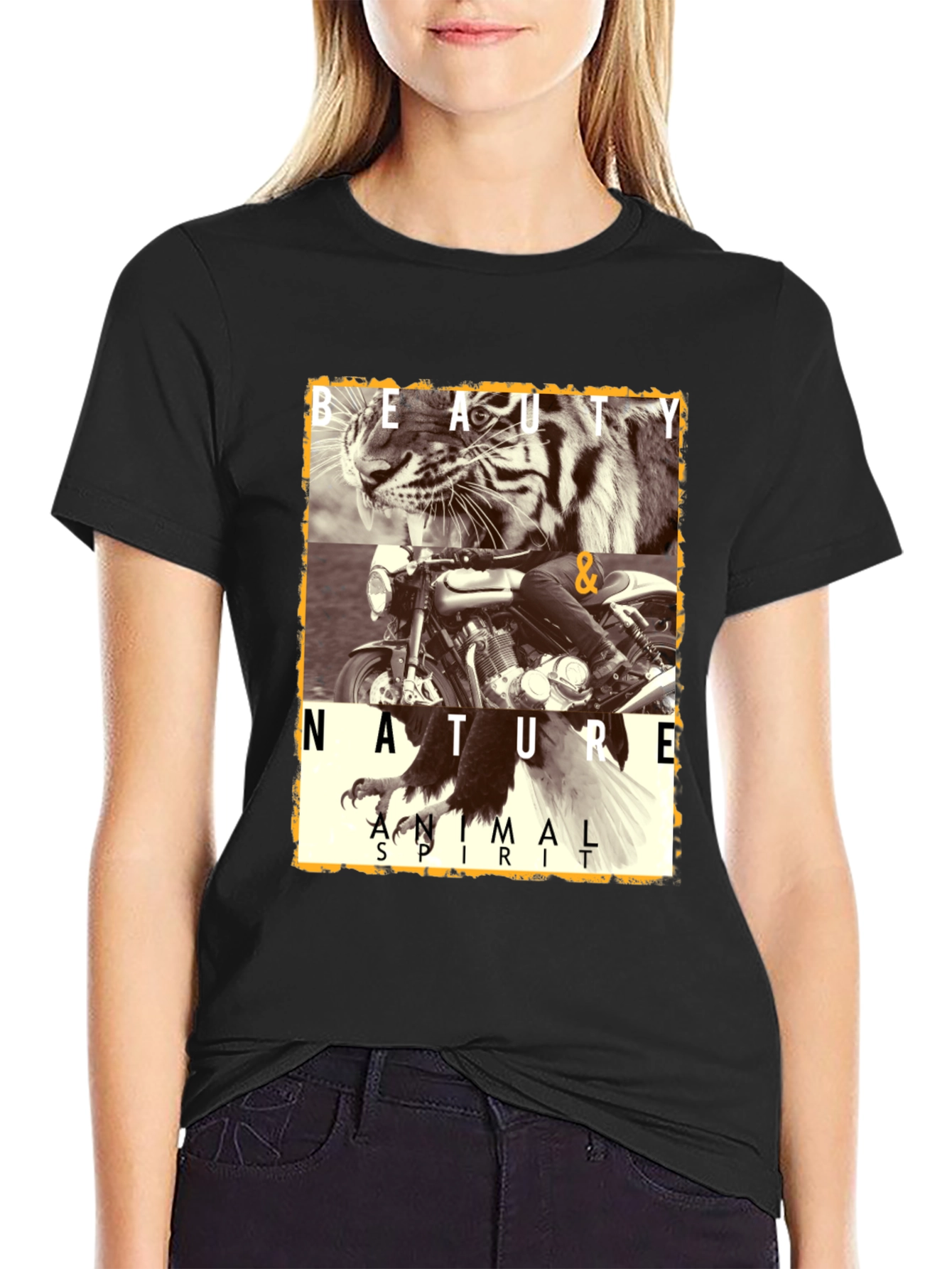 Camiseta Negra con Diseño de Tigre y Moto