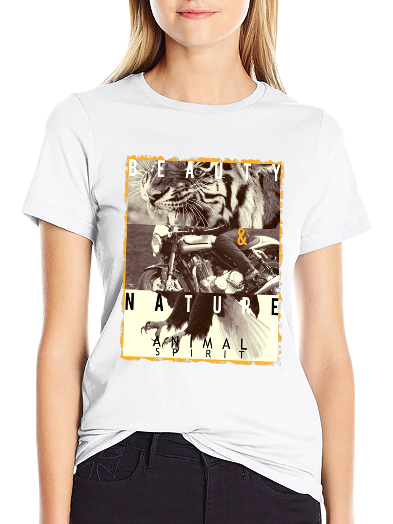 Camiseta Negra con Diseño de Tigre y Moto