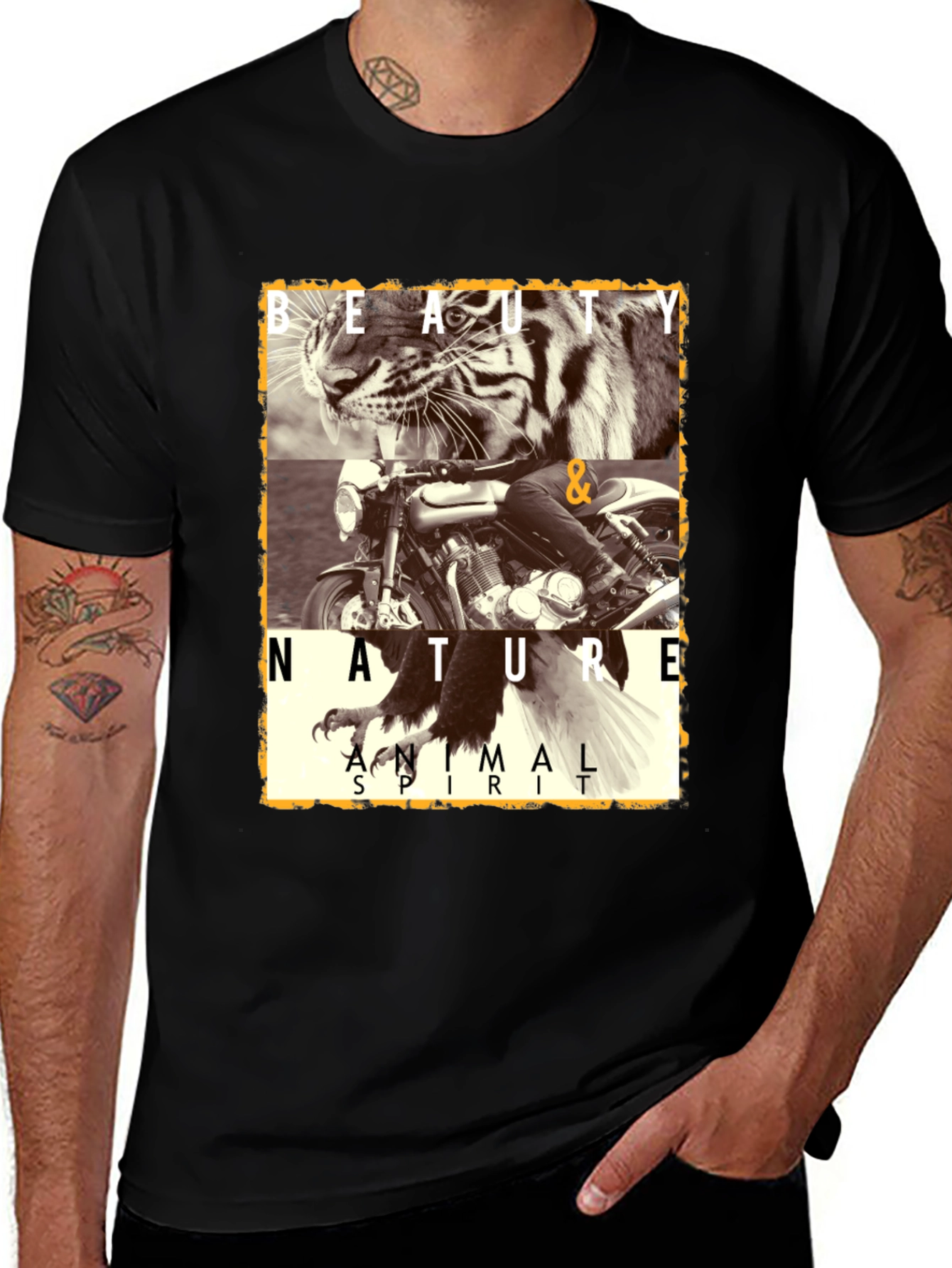 Camiseta Negra con Diseño de Tigre y Moto