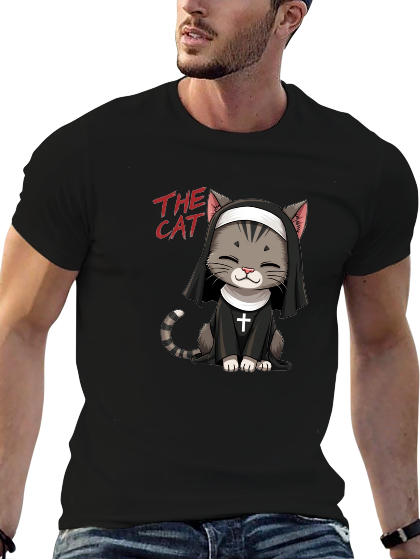 Camiseta Negra The Cat: Gato Monja Divertido