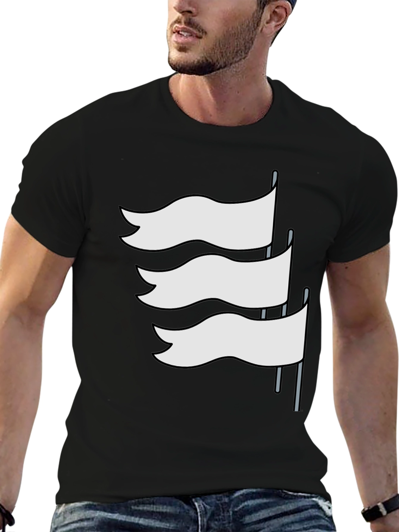 Camiseta Negra con Diseño de Banderas Blancas