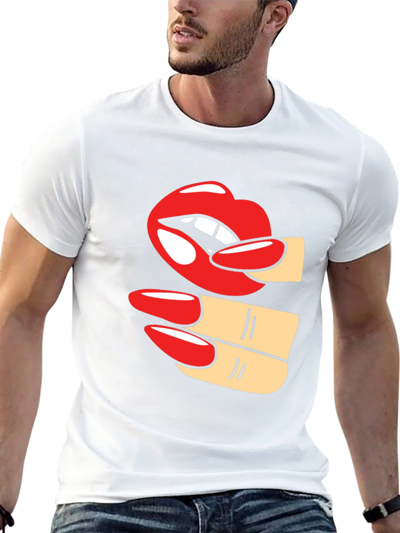 Camiseta Negra con Diseño de Labios y Uñas