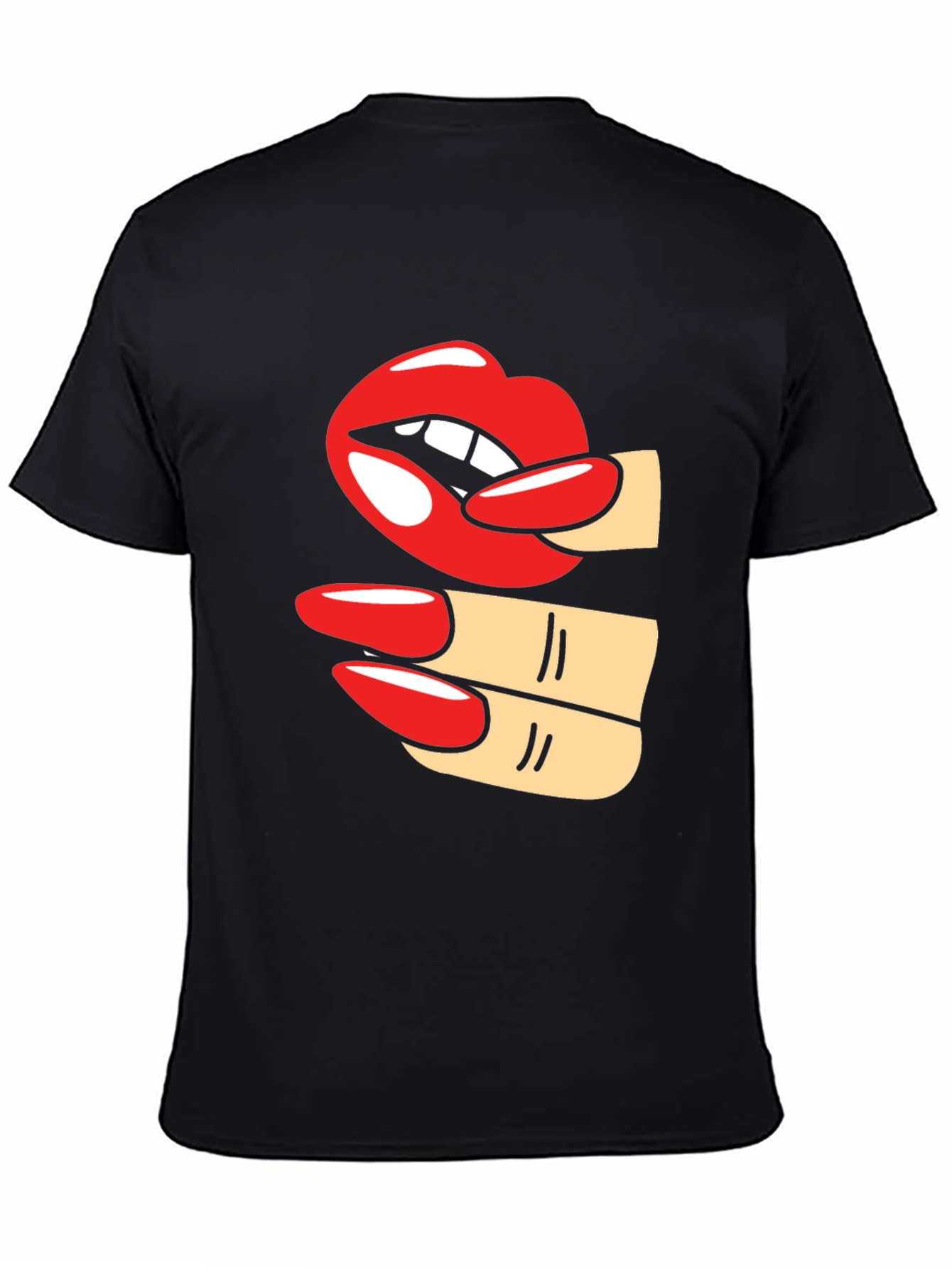 Camiseta Negra con Diseño de Labios y Uñas