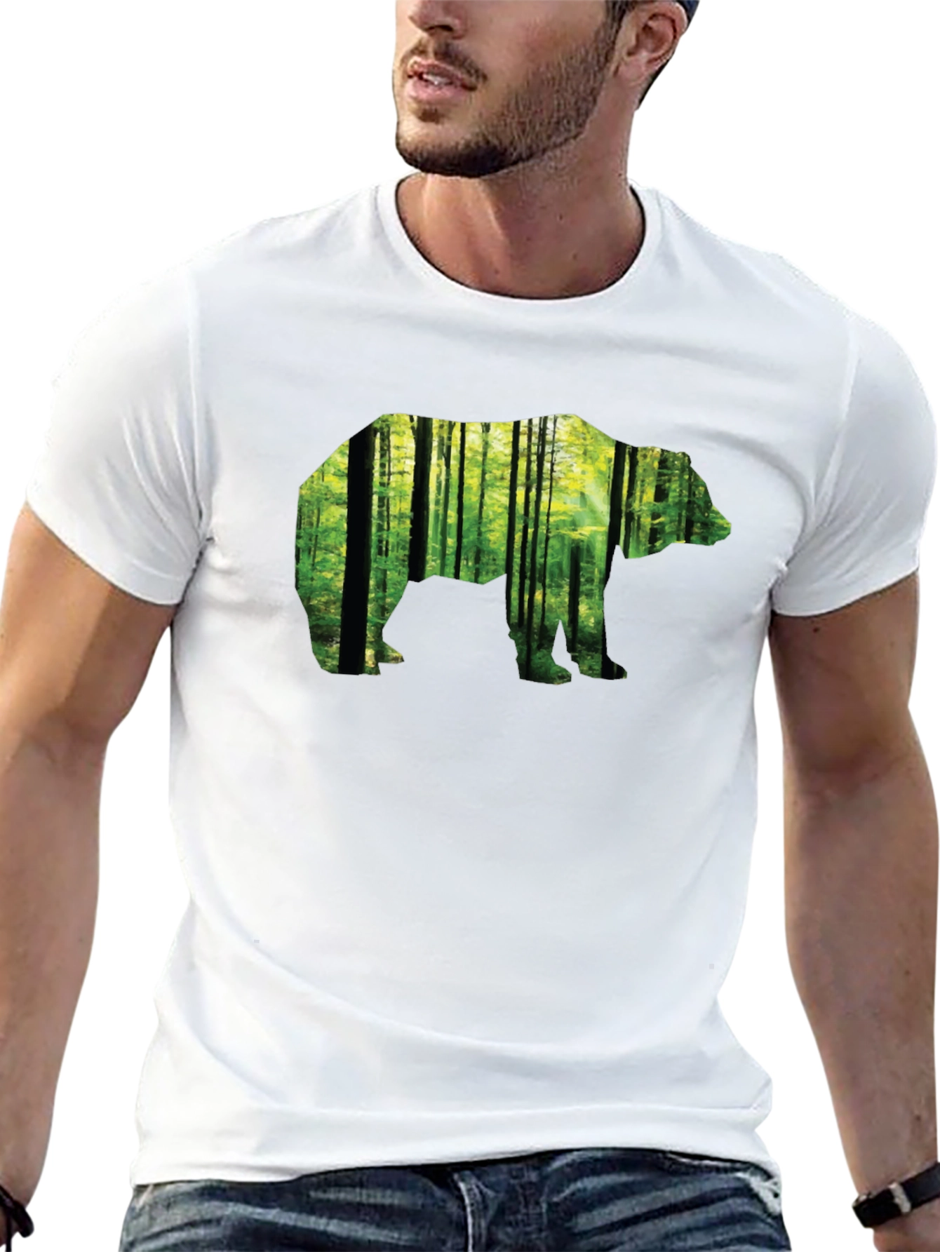 Camiseta Negra con Diseño de Oso y Bosque