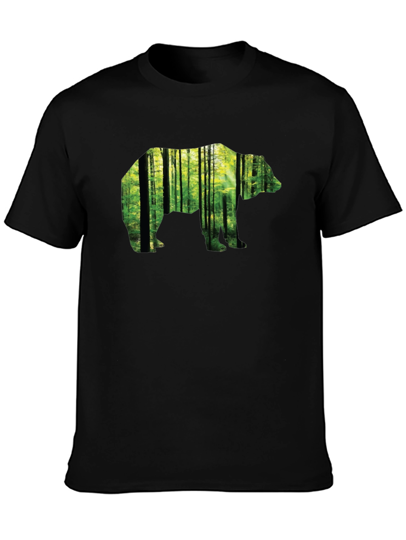 Camiseta Negra con Diseño de Oso y Bosque