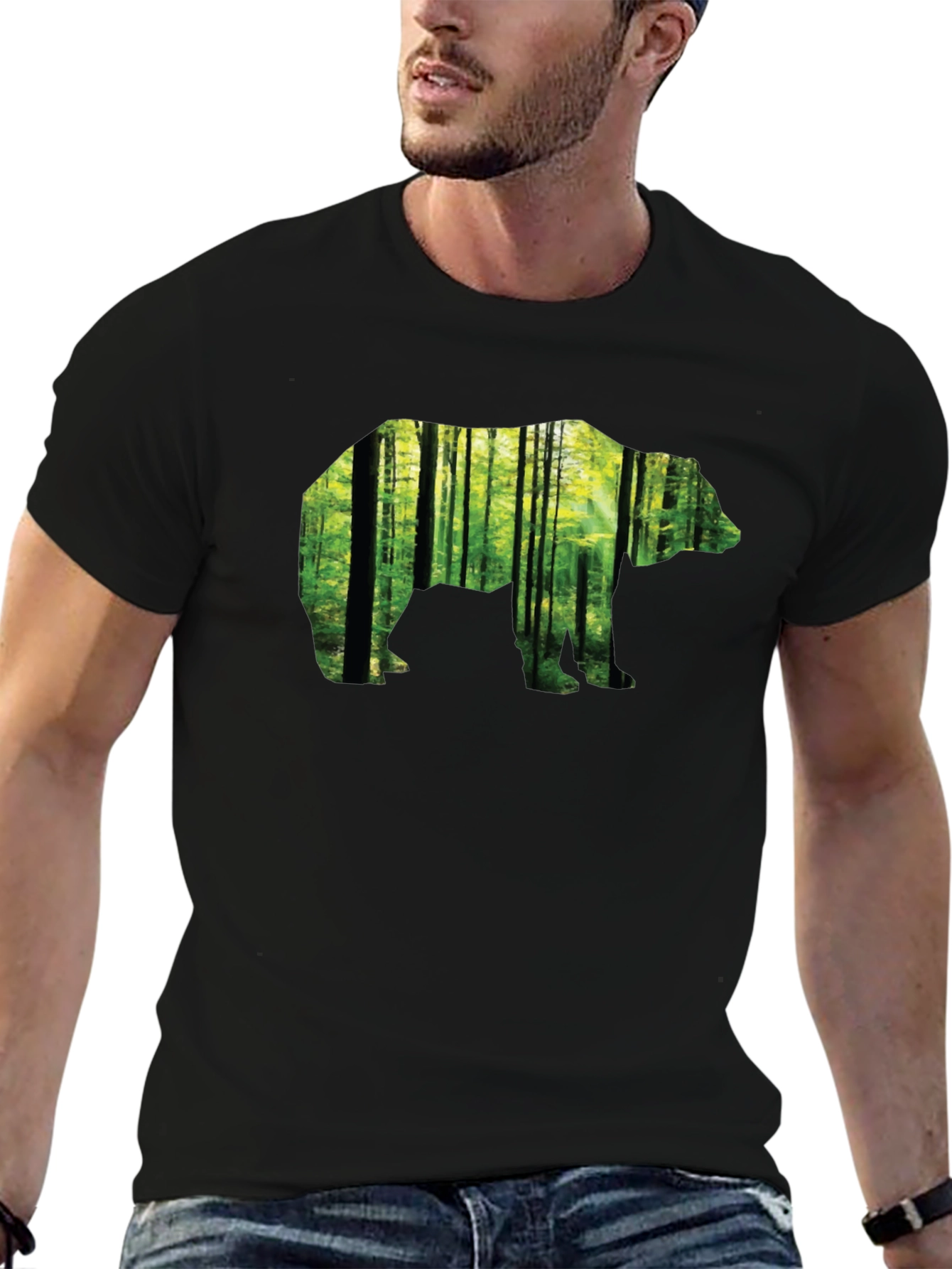 Camiseta Negra con Diseño de Oso y Bosque