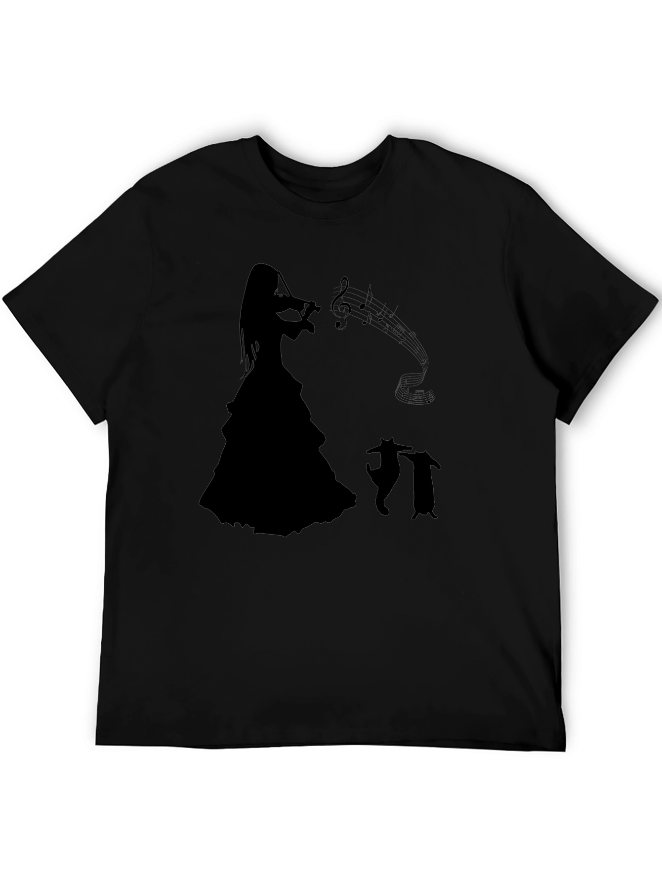 Camiseta Negra con Silueta de Músico y Gatos Bailando