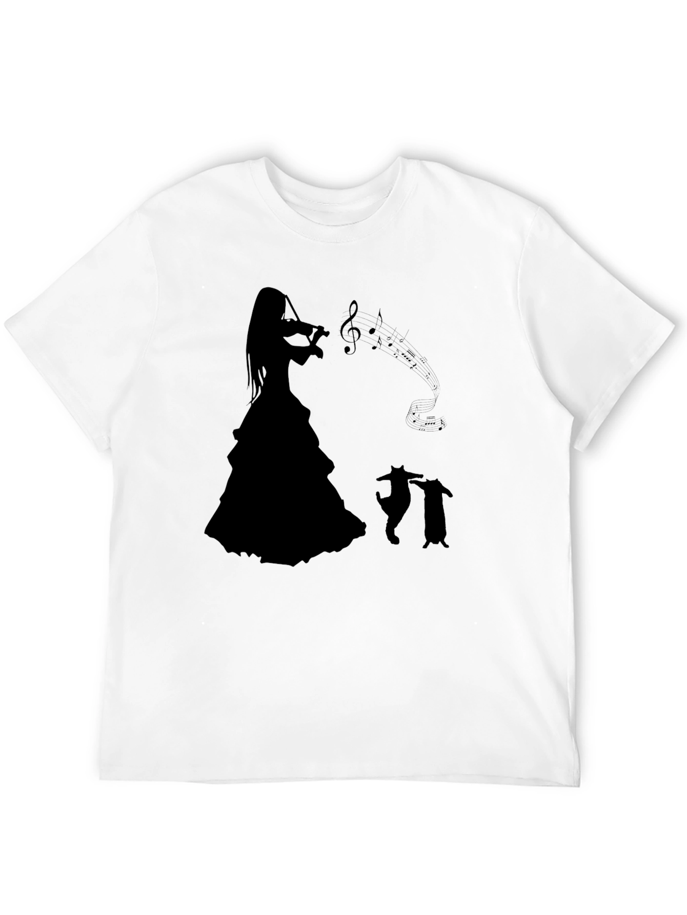 Camiseta Negra con Silueta de Músico y Gatos Bailando