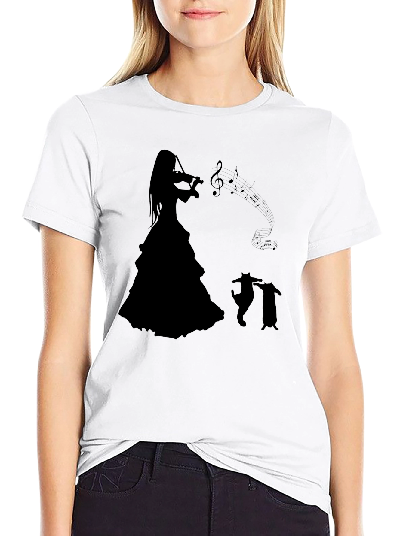 Camiseta Negra con Silueta de Músico y Gatos Bailando