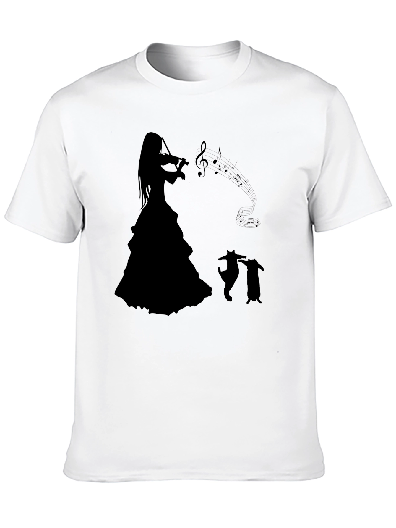 Camiseta Negra con Silueta de Músico y Gatos Bailando