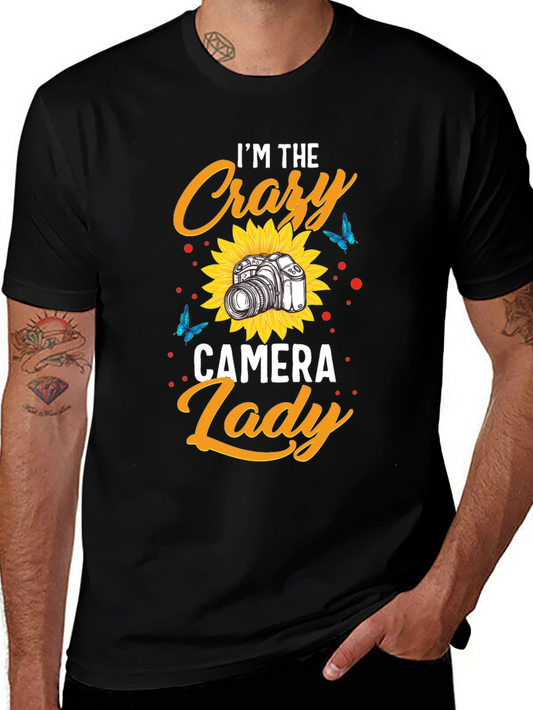 Camiseta Negra Crazy Camera Lady para Amantes de la Fotografía