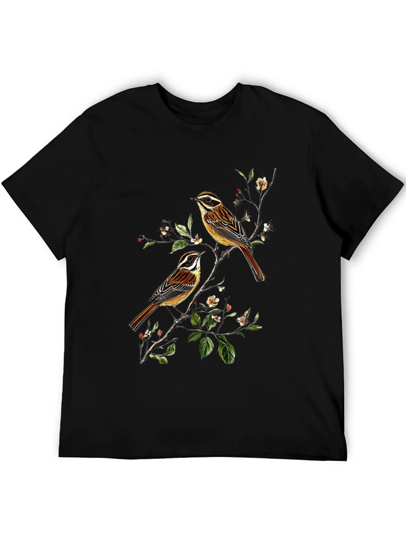 Camiseta Negra con Diseño de Aves y Flores