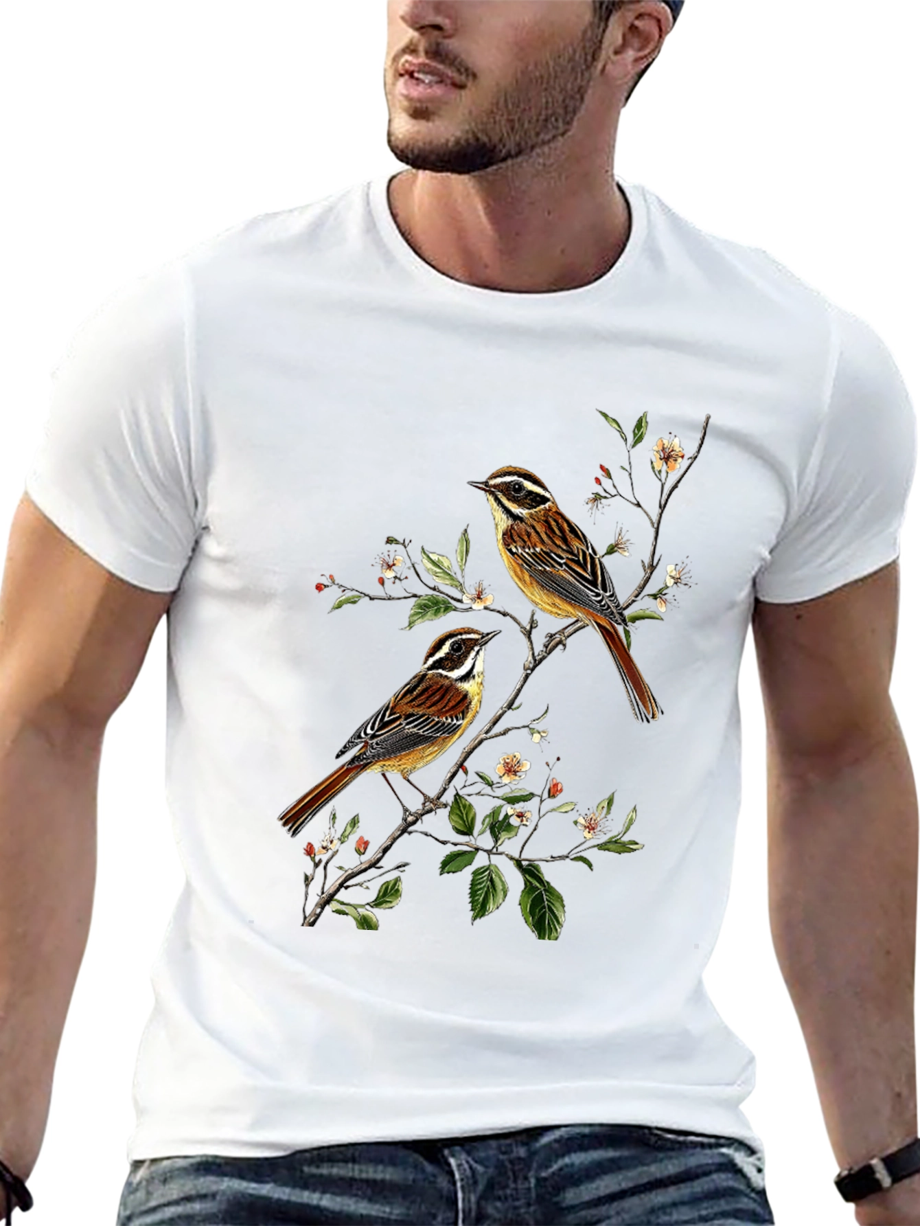 Camiseta Negra con Diseño de Aves y Flores