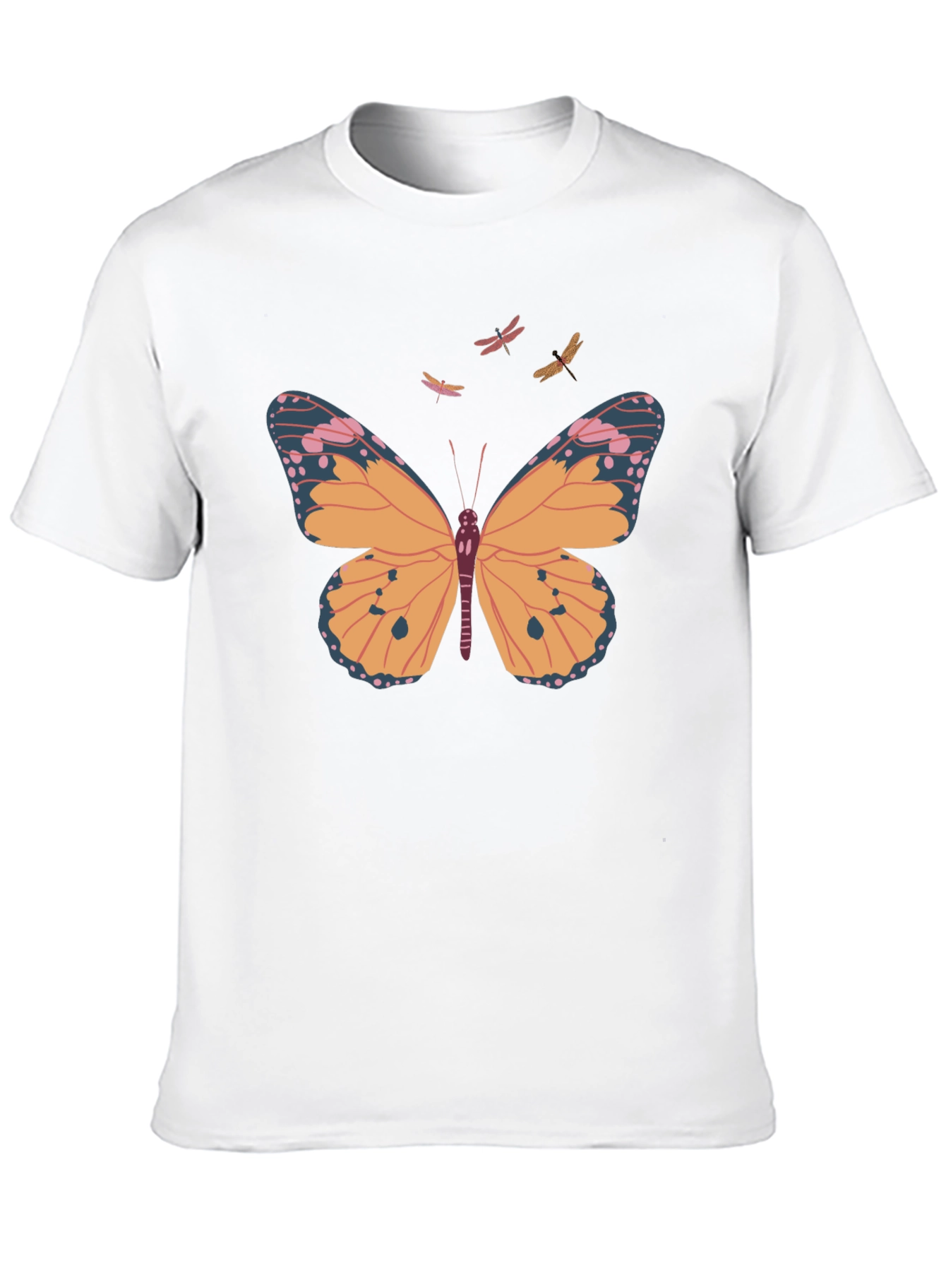 Camiseta Negra con Estampado de Mariposa y Libélulas