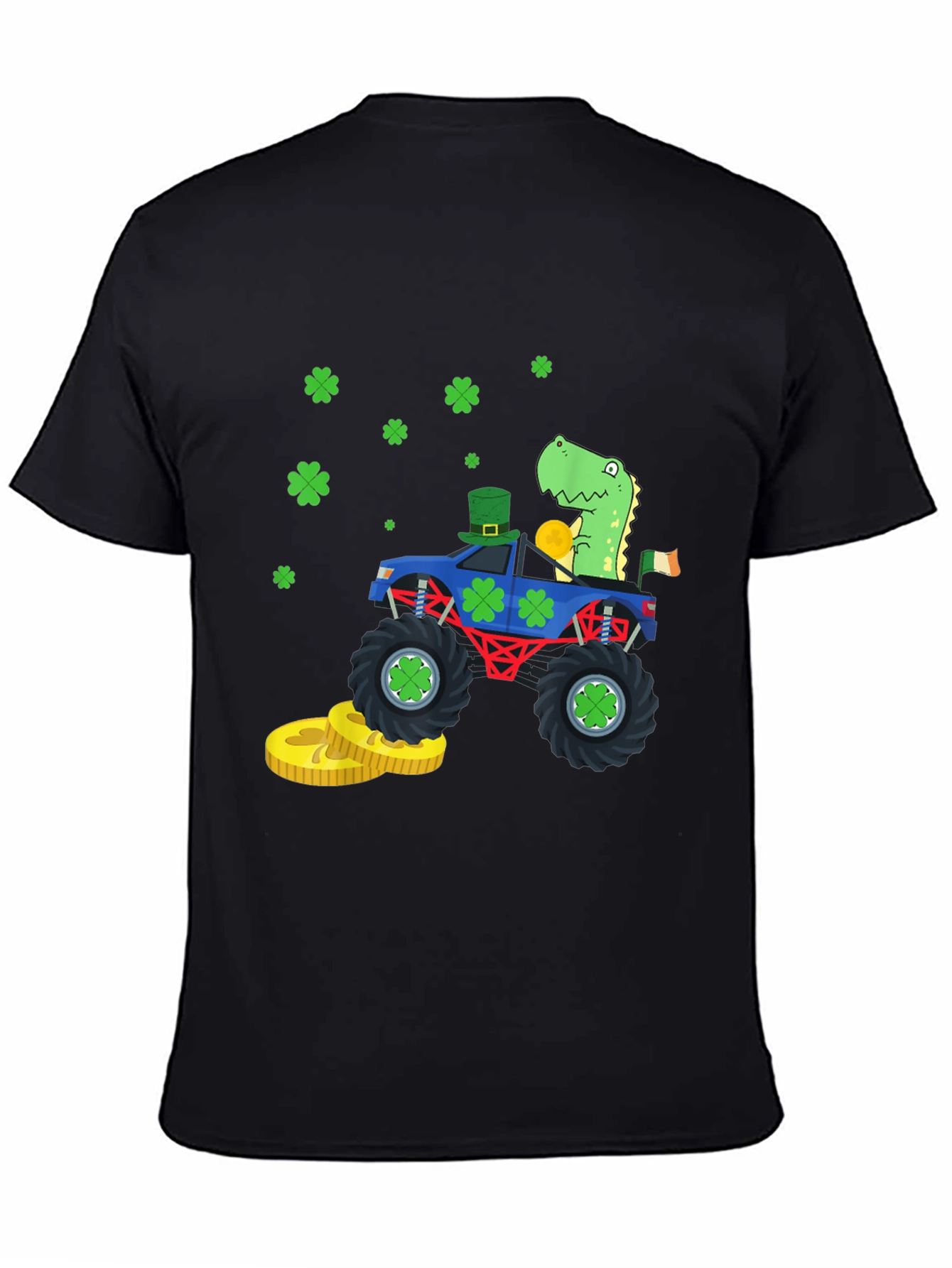 Camiseta Negra con Diseño de Dinosaurio y Tréboles