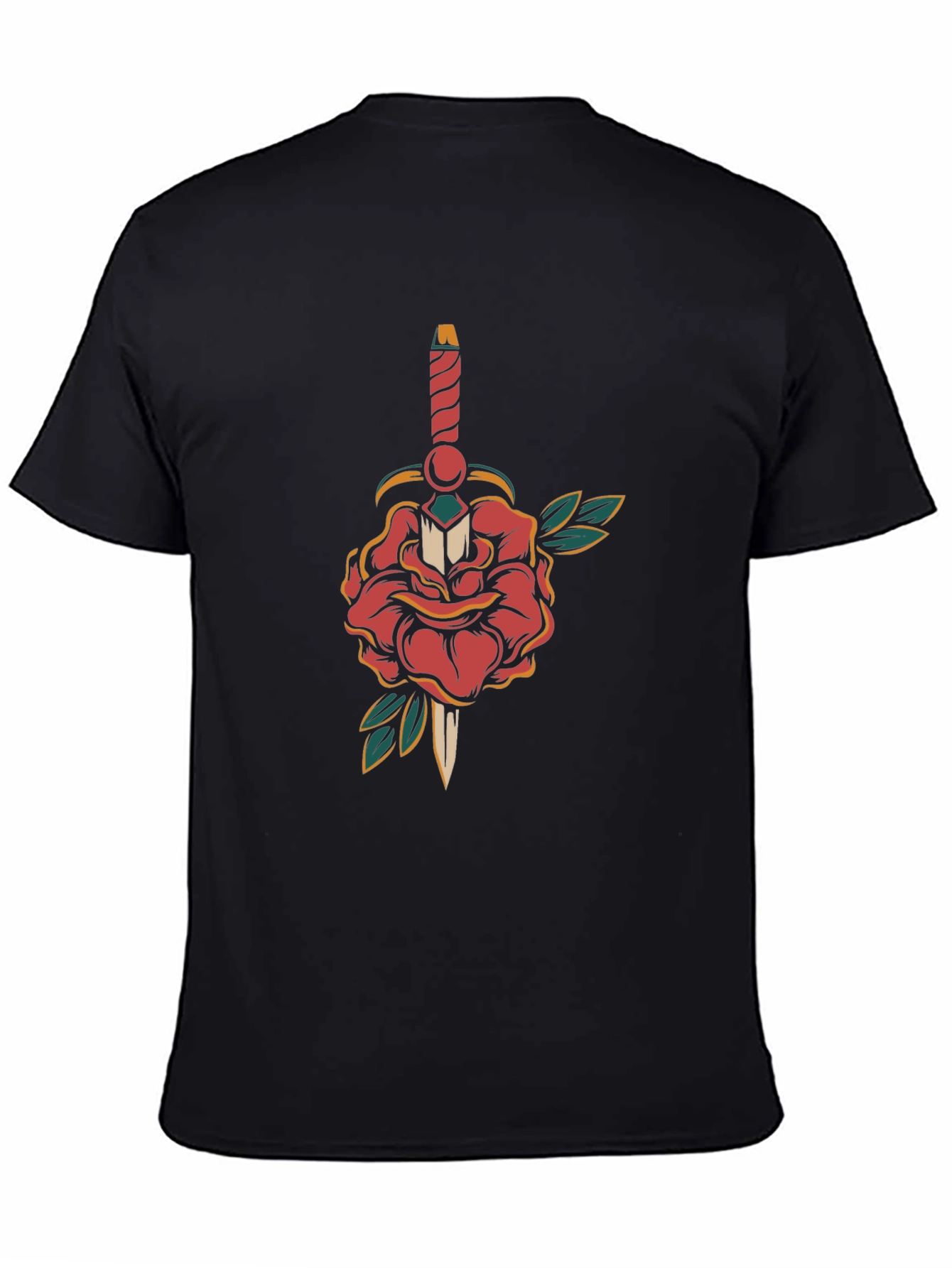 Camiseta Negra con Diseño de Rosa y Daga