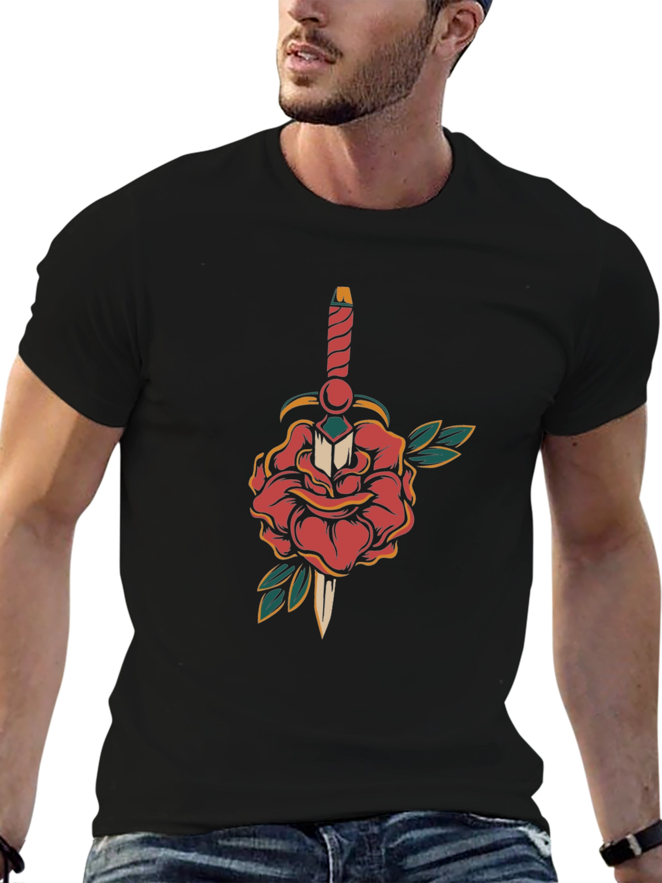 Camiseta Negra con Diseño de Rosa y Daga