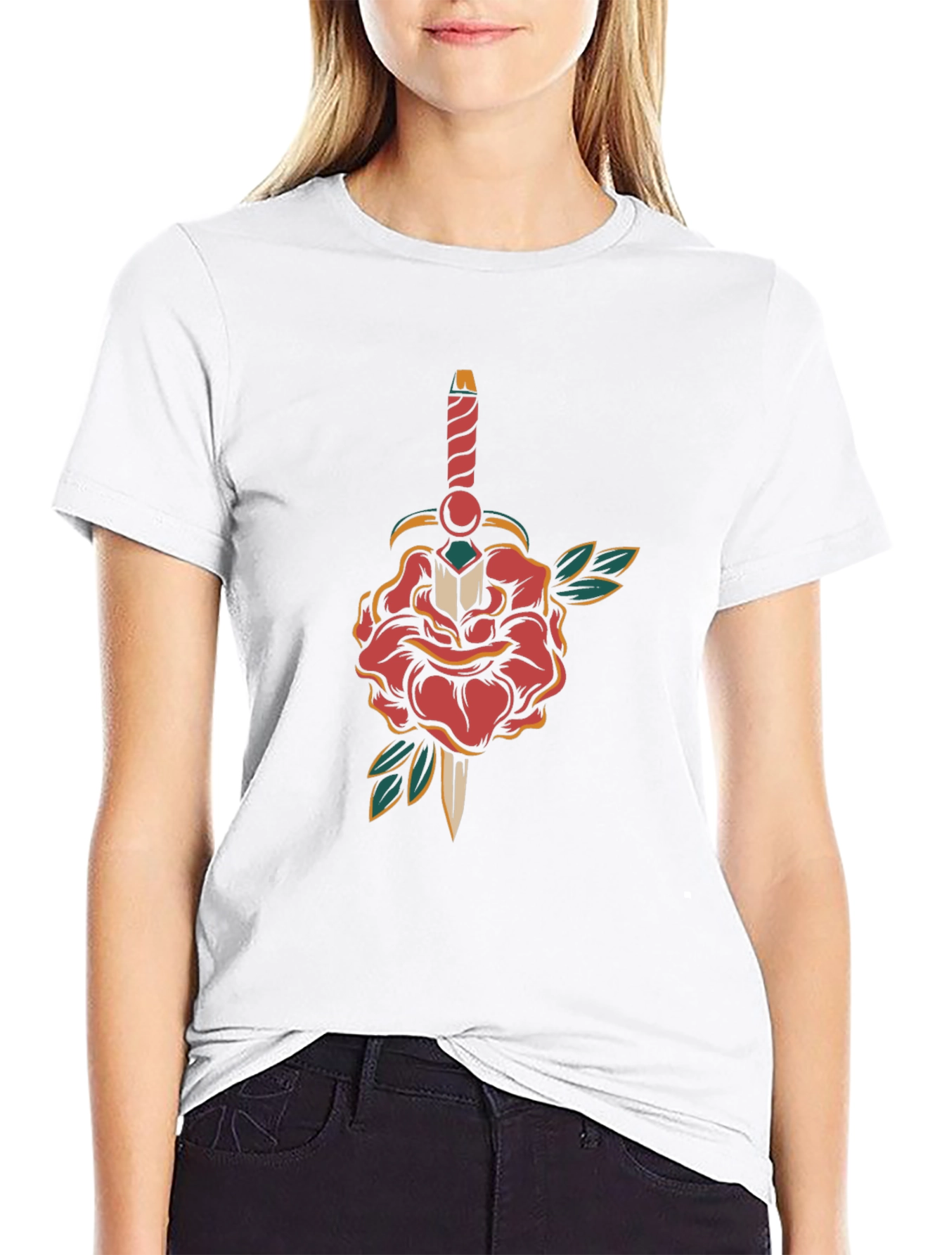 Camiseta Negra con Diseño de Rosa y Daga