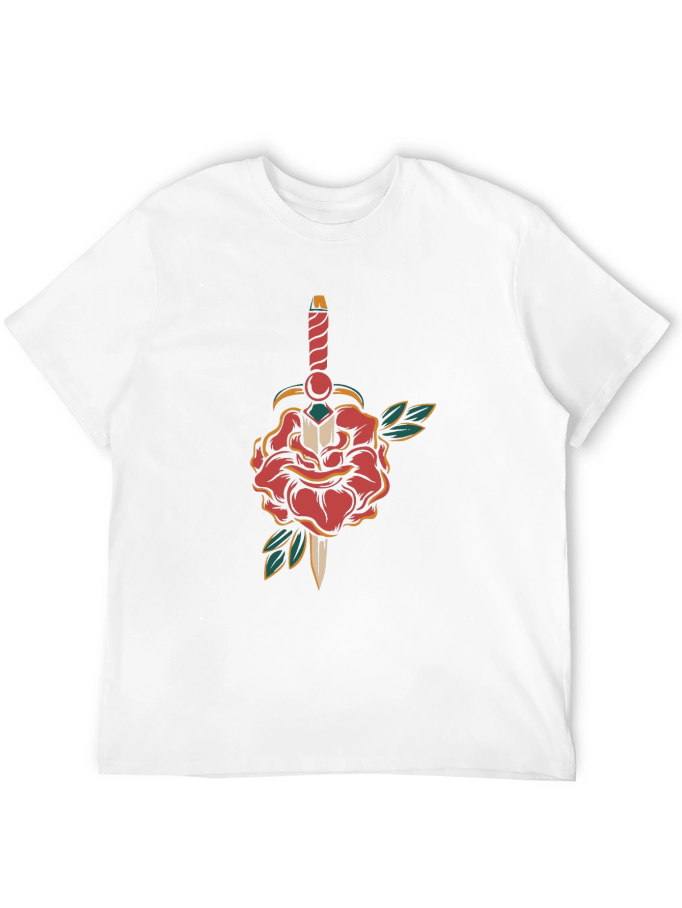 Camiseta Negra con Diseño de Rosa y Daga