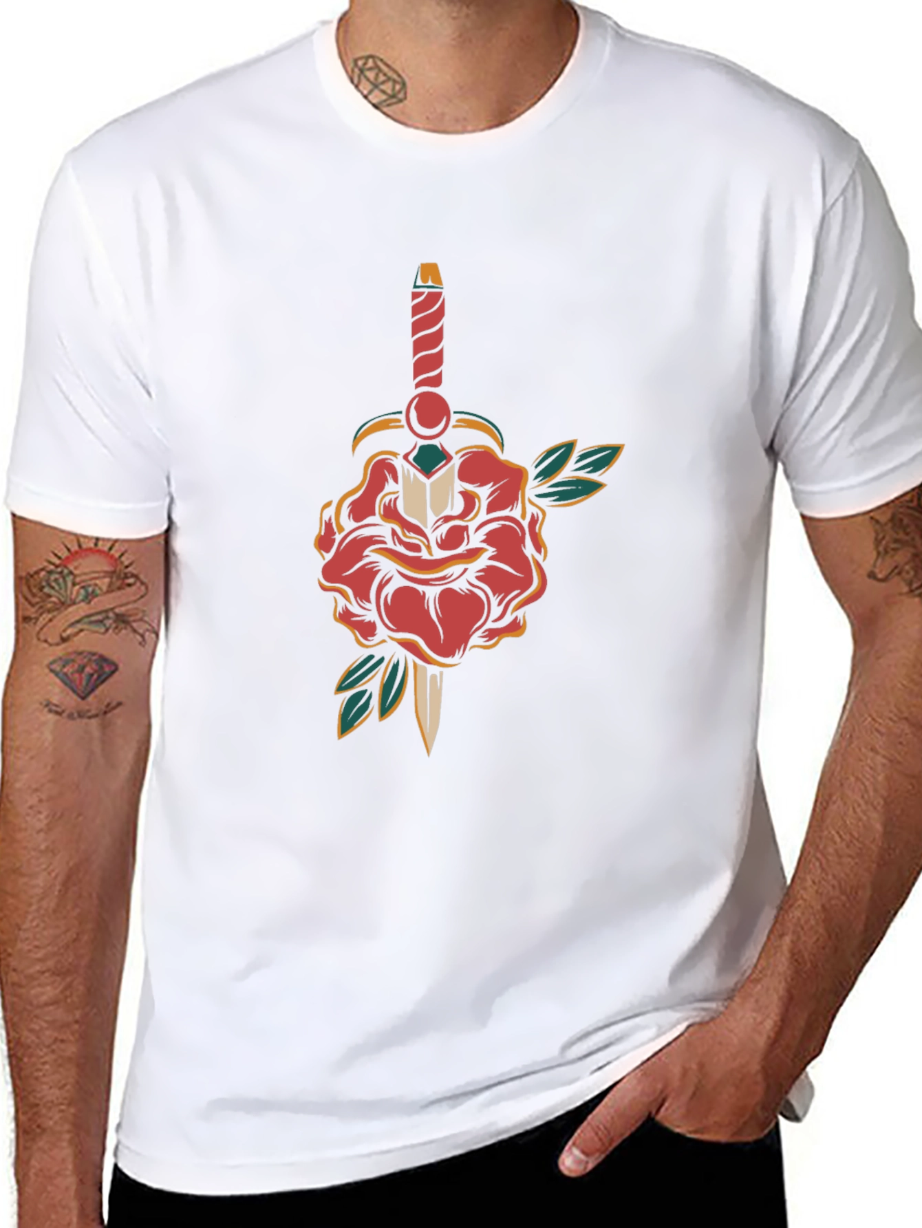 Camiseta Negra con Diseño de Rosa y Daga