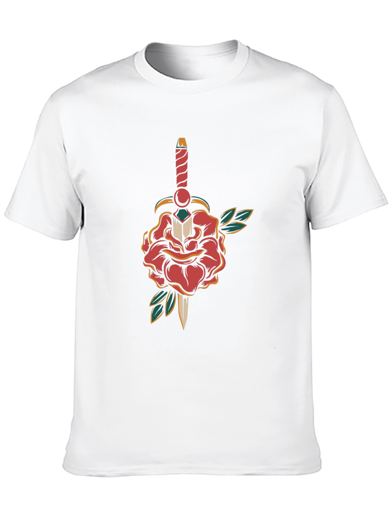 Camiseta Negra con Diseño de Rosa y Daga