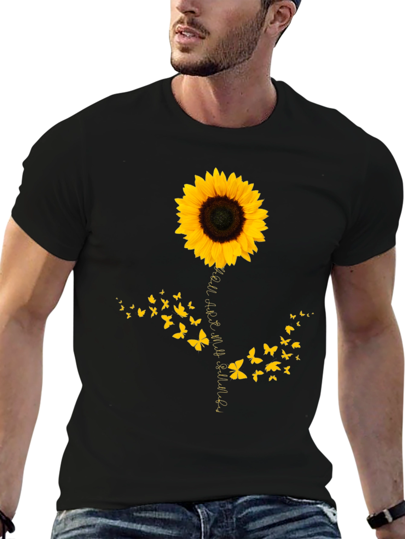 Camiseta Negra con Girasol y Mariposas para Hombre