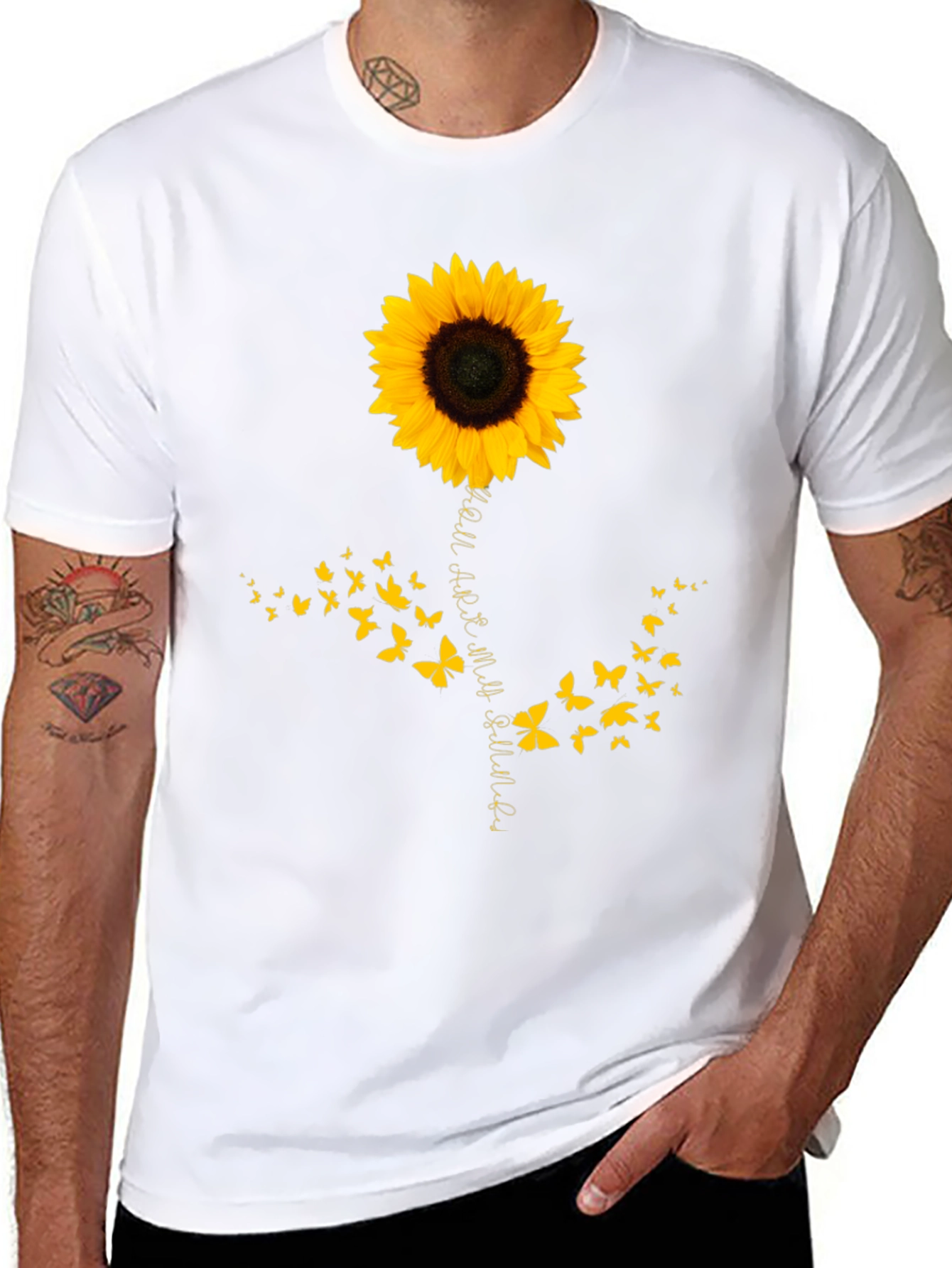 Camiseta Negra con Girasol y Mariposas para Hombre
