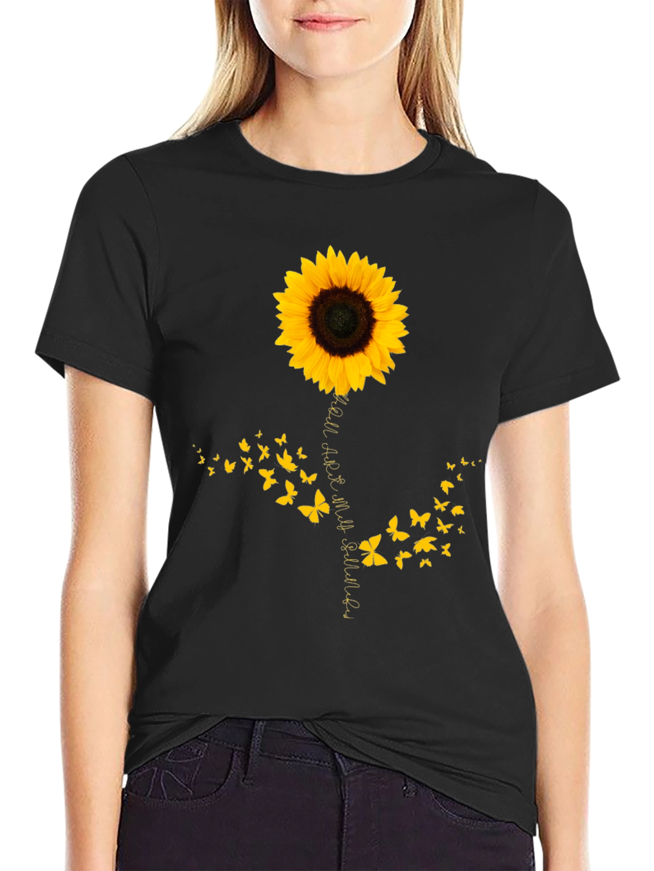 Camiseta Negra con Girasol y Mariposas para Hombre