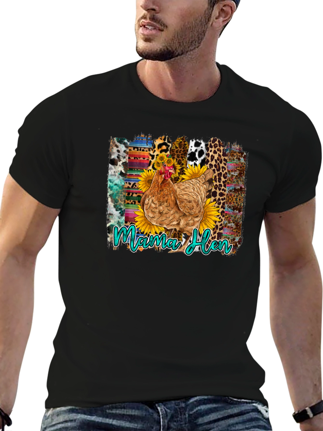 Camiseta Negra con Diseño de Gallina Mama Hen