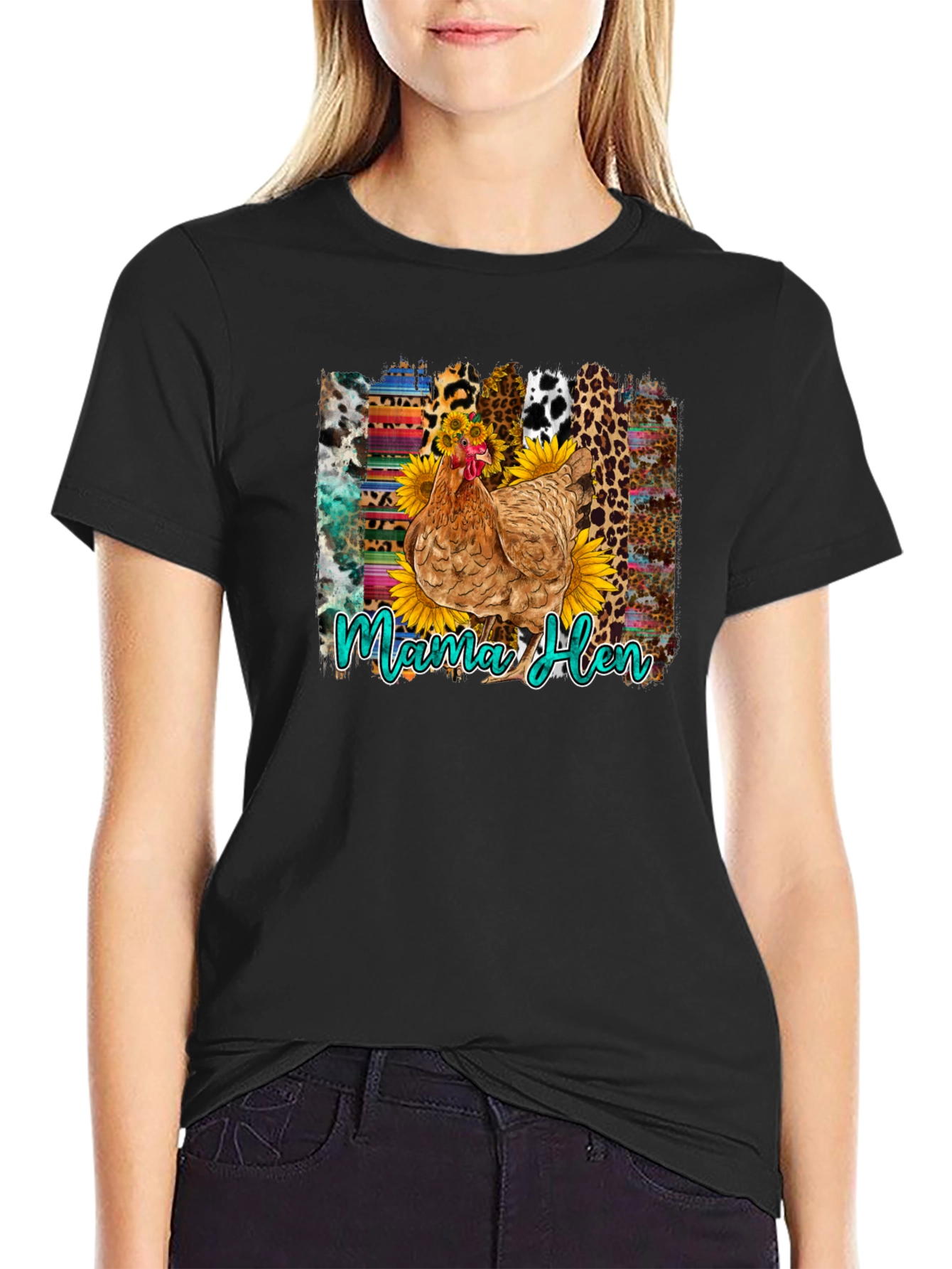 Camiseta Negra con Diseño de Gallina Mama Hen