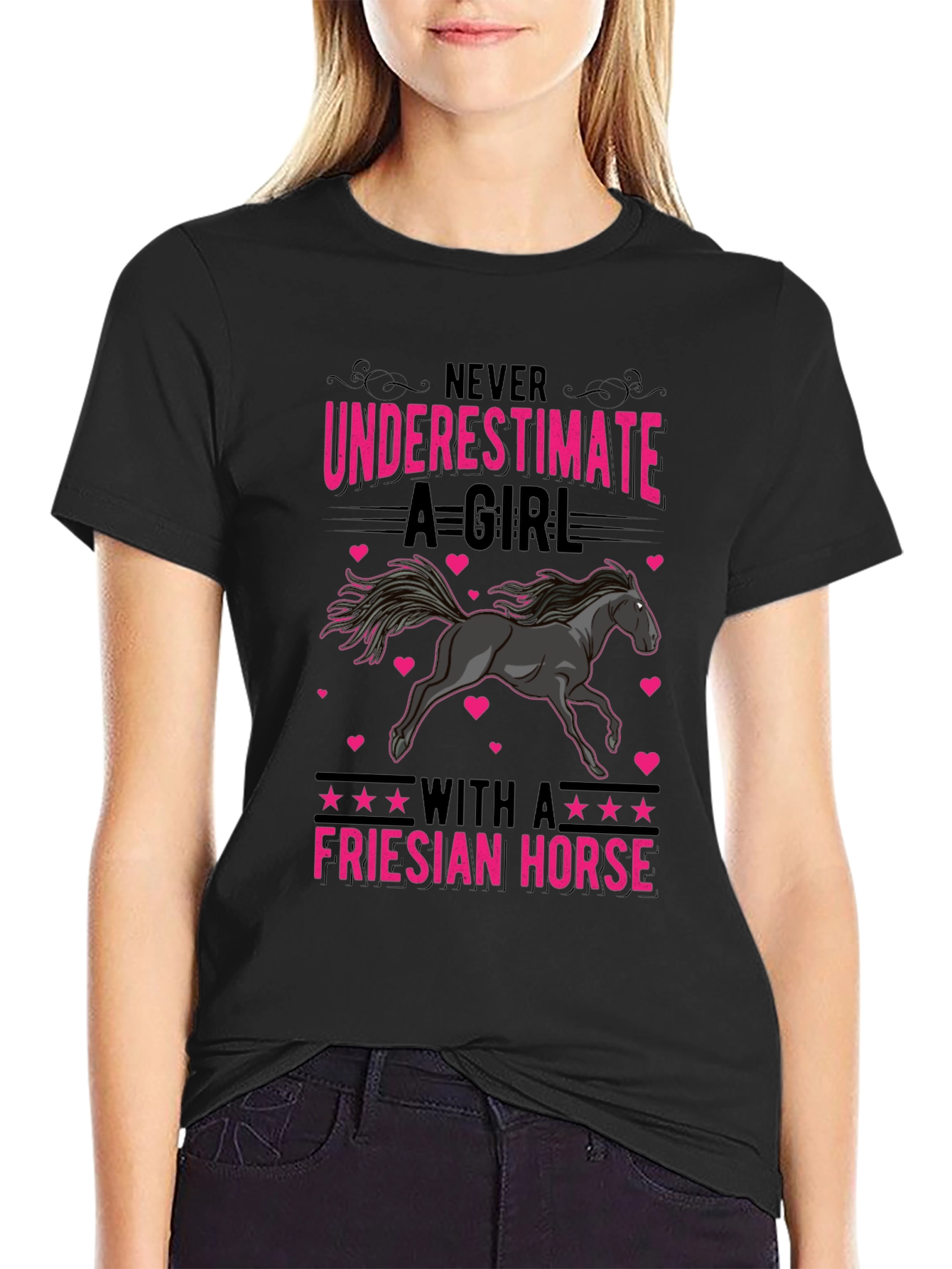 Camiseta Negra con Diseño de Caballo Frisón para Mujer