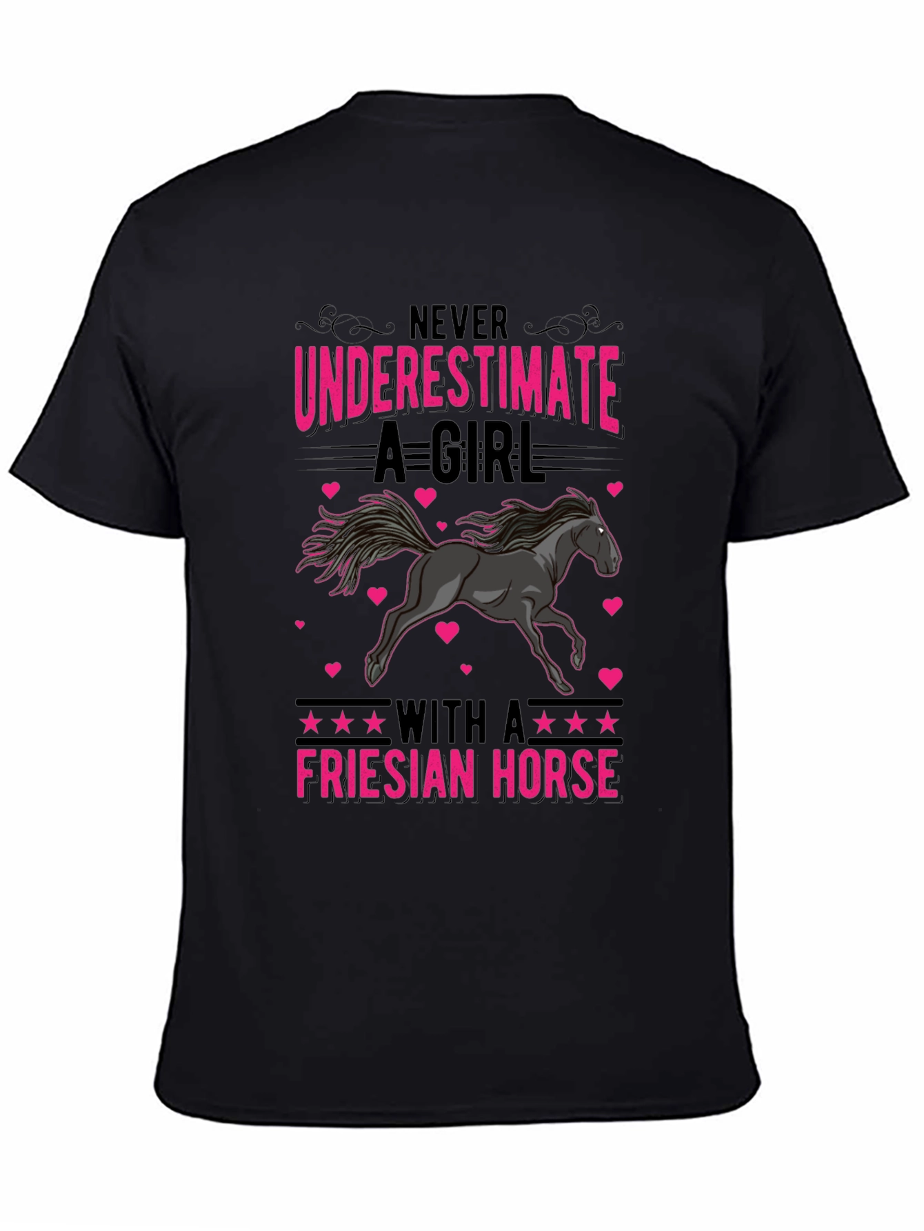 Camiseta Negra con Diseño de Caballo Frisón para Mujer