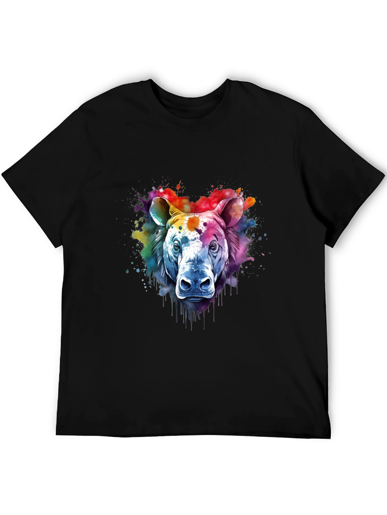 Camiseta Negra con Diseño de Rinoceronte Acuarela