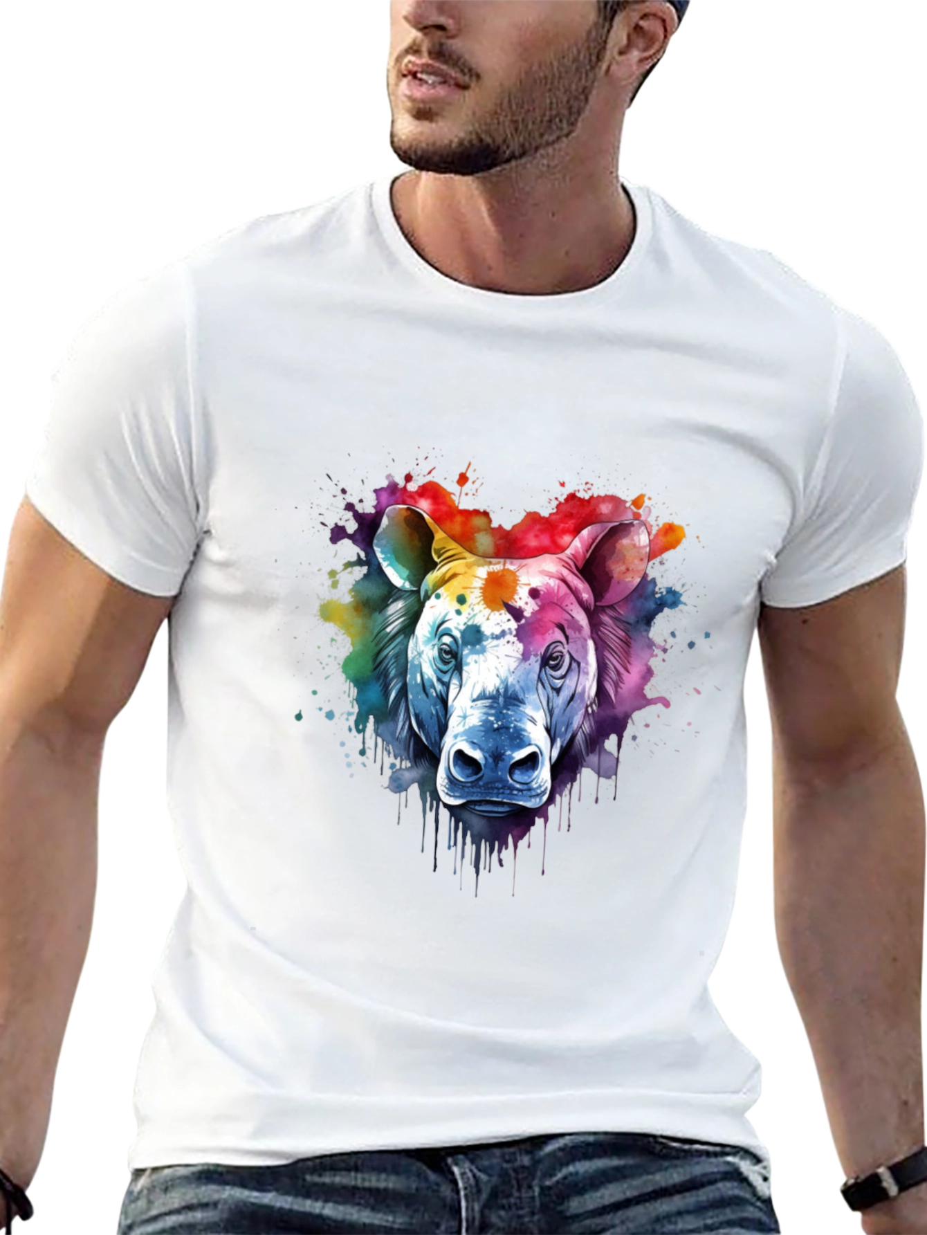 Camiseta Negra con Diseño de Rinoceronte Acuarela