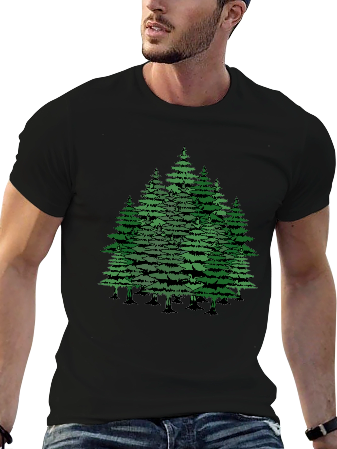 Camiseta Negra con Diseño de Bosque de Pinos
